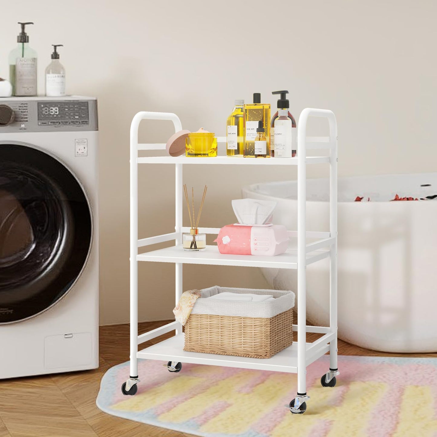 HDANI 3 Tier Rolling Cart Shelves,Heavy Duty Multifunctional Metal Frame-Supports 22 Lbs Per Tier,Rolling Cart with 2 Lockable Wheels for Home, Office,Kitchen,Bathroom,Bedroom,White