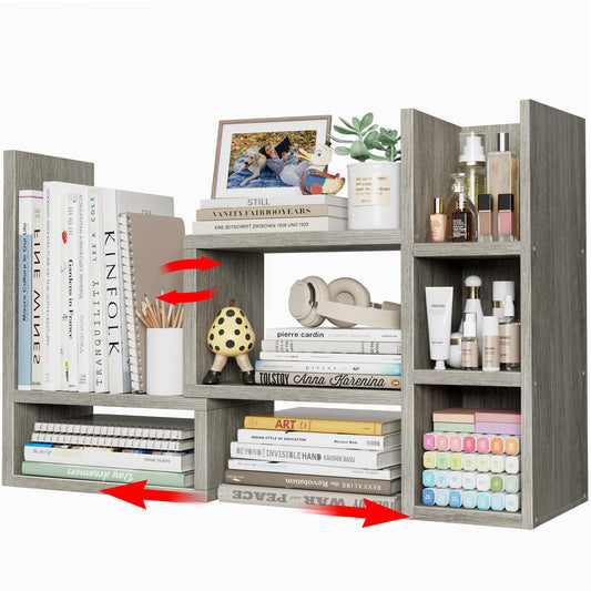 NUTIKAS Desk Shelves Desktop Organizer Shlef - Grey Office Organization for Top of Desk Organizers and Accessories Corner Bookshelf Table Top Shelving Small Hutch Decorations for Office