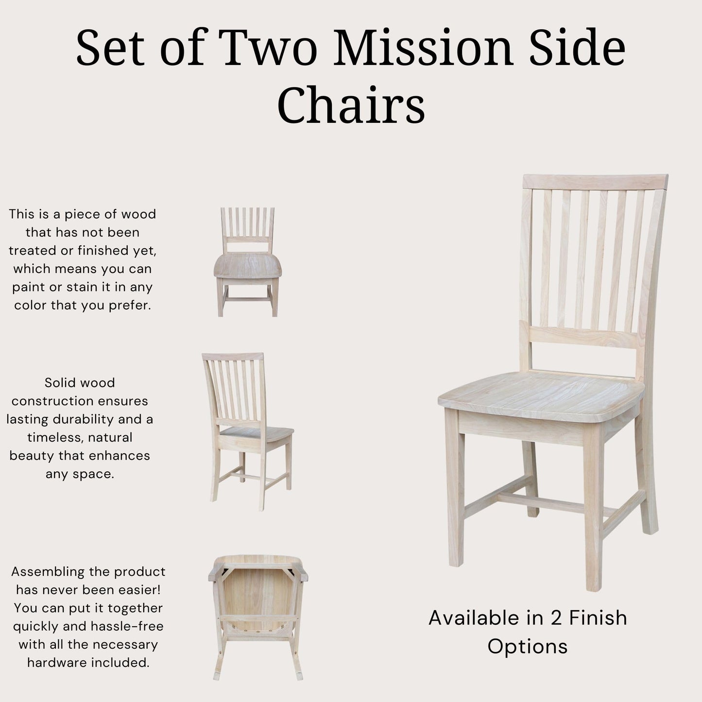 International Concepts Mission Side Chairs, Armless, Solid Parawood, Unfinished (Set of 2)