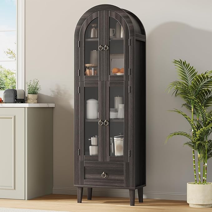 71" Tall Arched Cabinet with Acrylic Door, Modern Curio Arched Bookcase W/Drawer