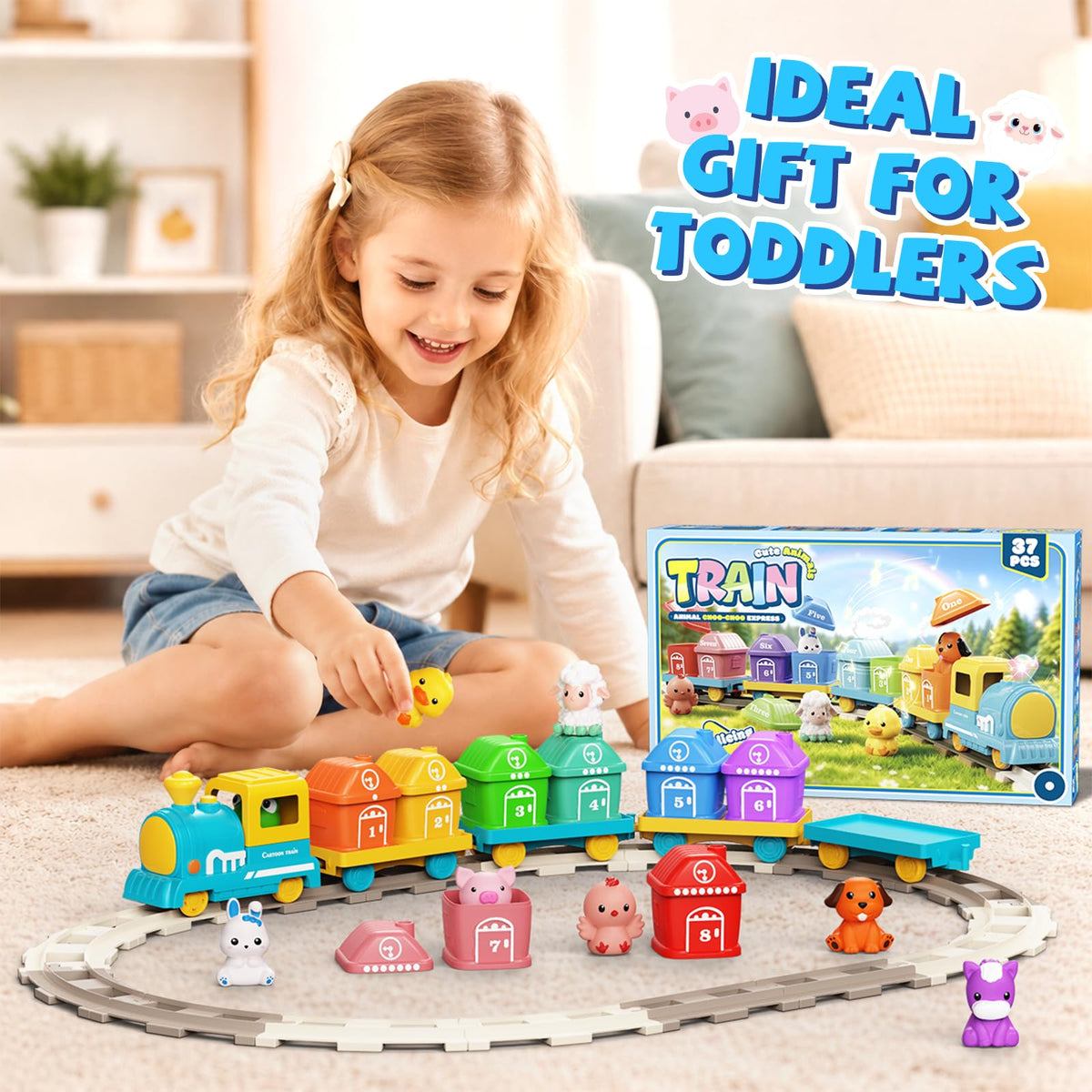 Train Set Toy for Toddlers 1-3, Montessori Learning Matching & Sorting Toys for 1 2 3 Year Old, Electric Train with Farm Animals Finger Puppets, Christmas Birthday Gift for Boys Girls (Blue)