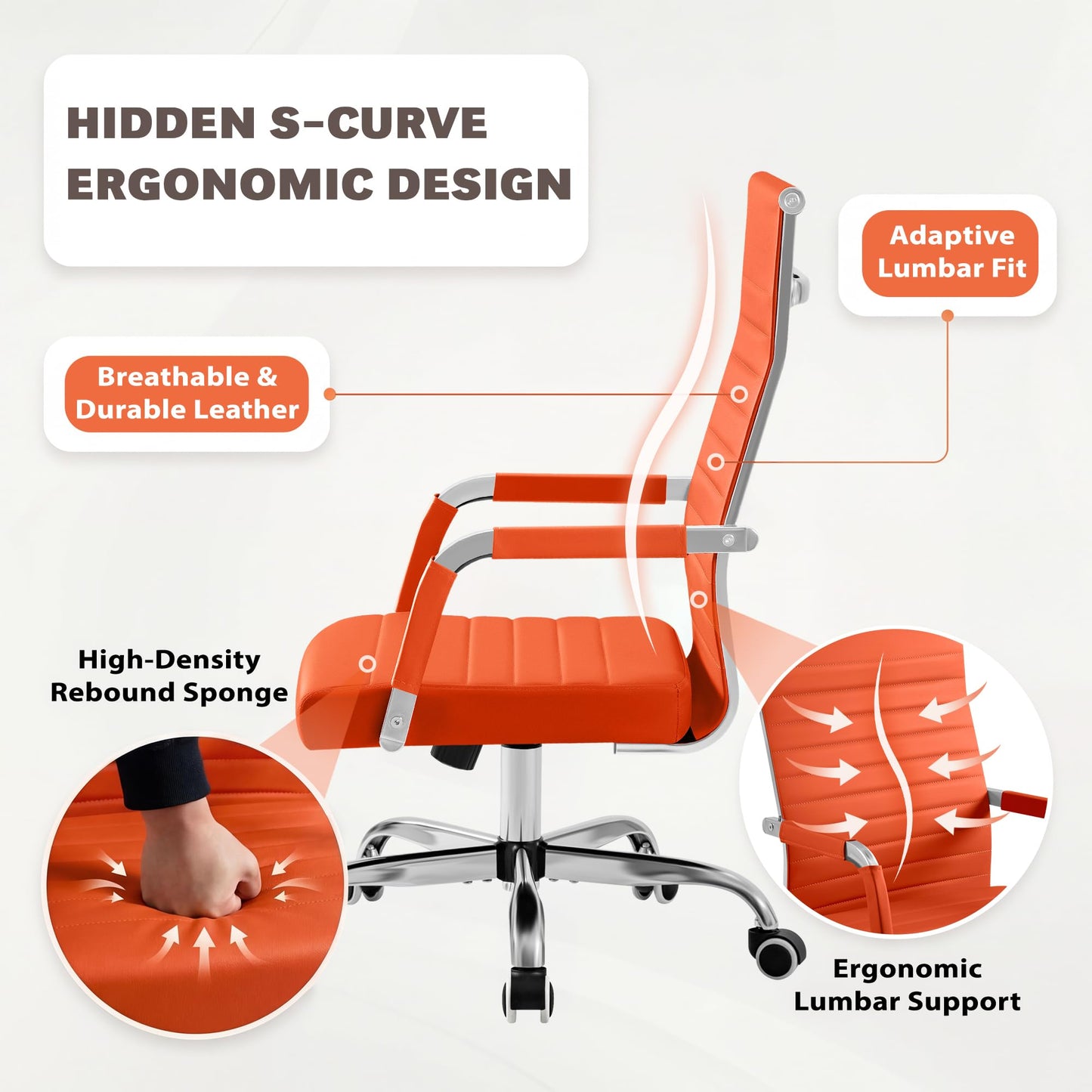 Furmax Ergonomic Office Desk Chair, Executive Ribbed Mid-Back PU Leather Conference Room Chair Adjustable Swivel Chair with Arms (1, Orange)