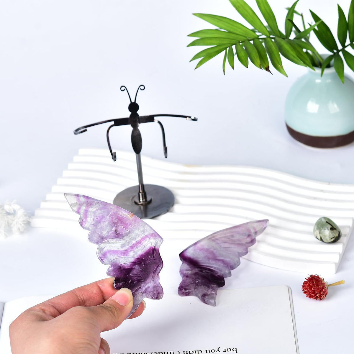 JIC Gem Purple Fluorite Crystals and Stones Crystal Butterfly Art Angel Wings Sculpture Carving,Healing Crystal Ornaments Energy Decorative Stone Reiki Gifts (1pair, 10cm)