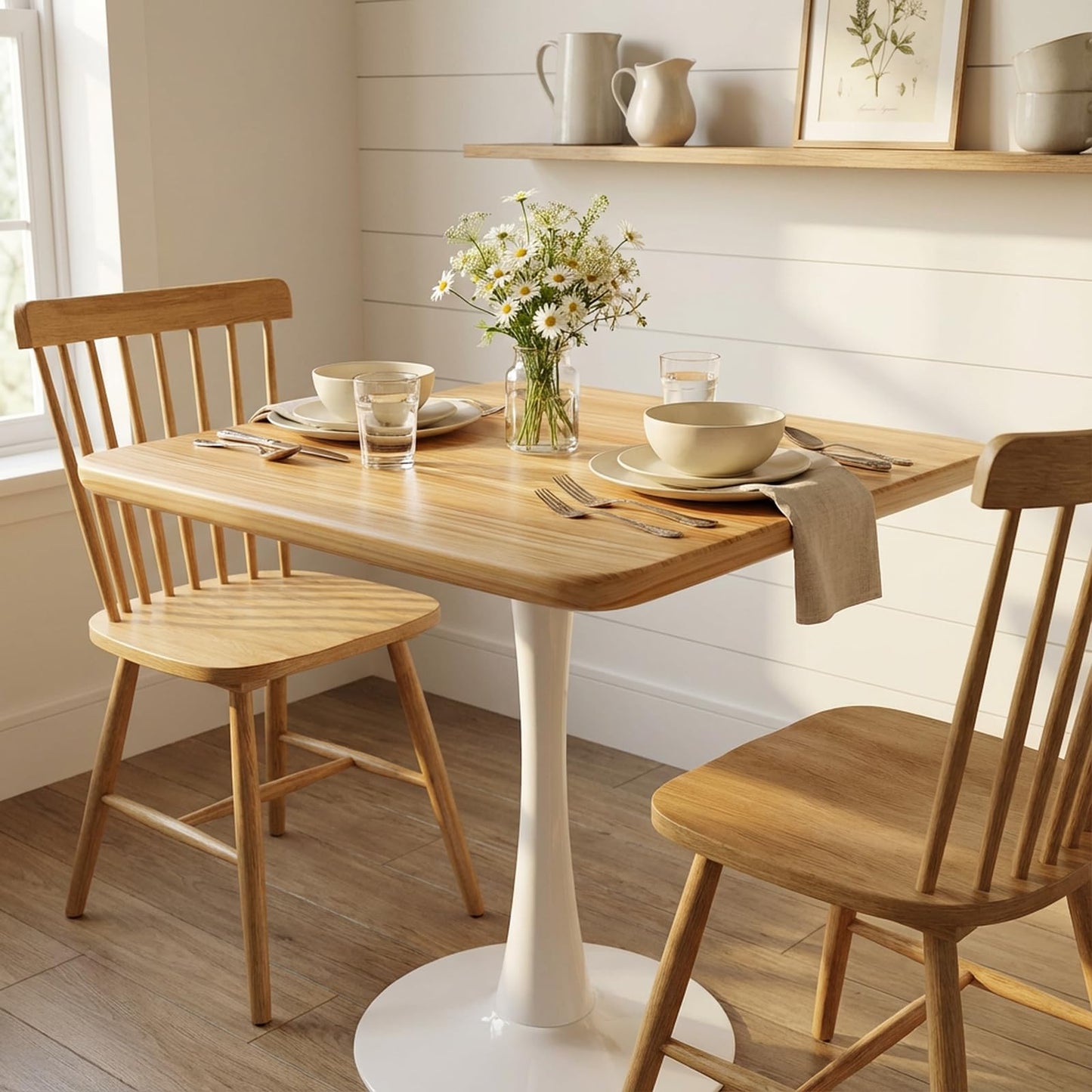 23.6" Square Small Dining Table for 2, Tulip Bistro Table with White Metal Pedestal Base, Modern Mid-Century Compact Kitchen Dining Piece for Home, Café, Restaurant, or Office