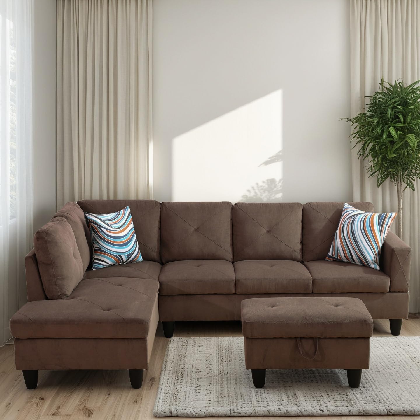 Trygoal 97" L Shaped Couches for Living Room, Sectional Couch Living Room Furniture with Storage Ottoman, Modular Sectional Sofa with Movable Chaise for Apartment Office, Brown