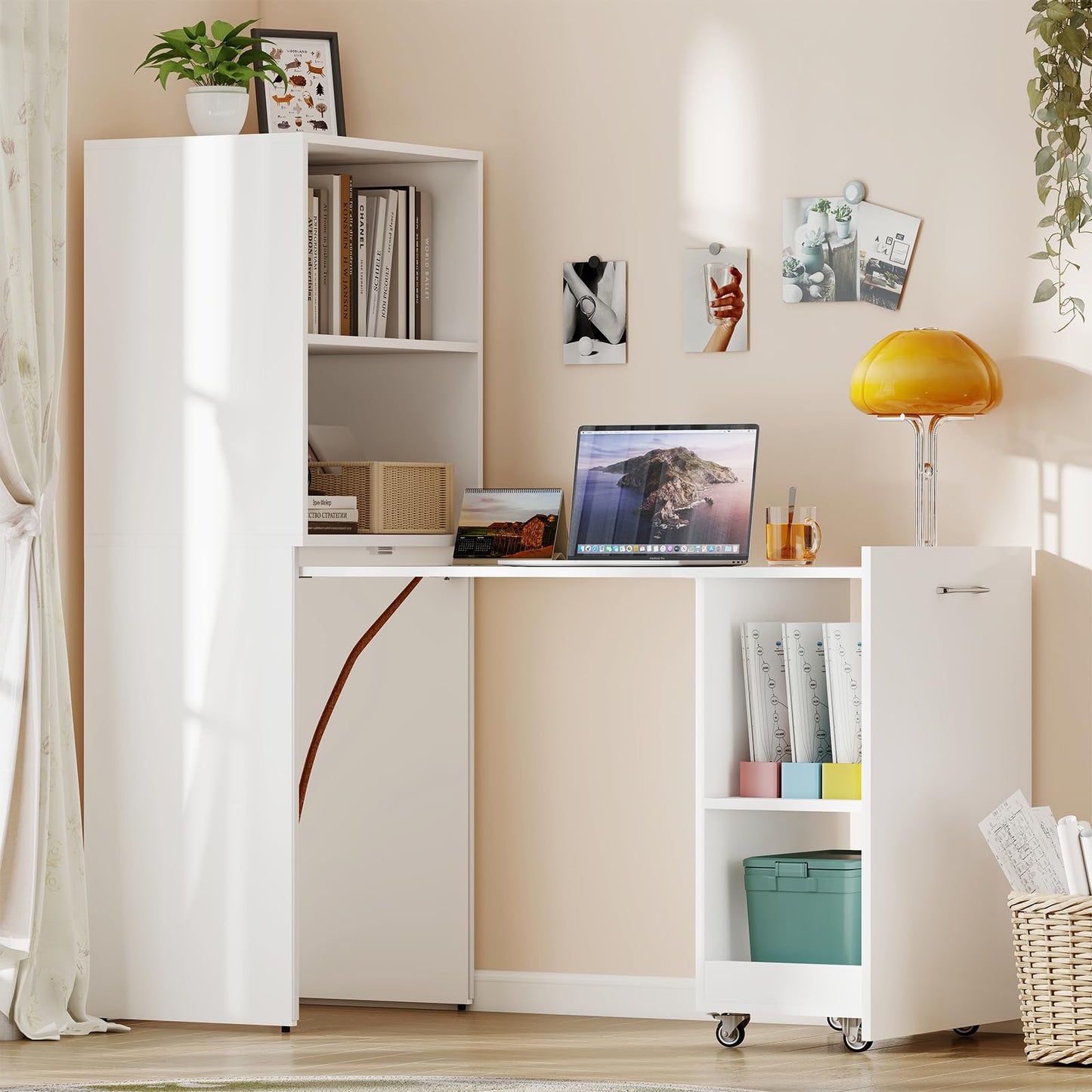Zevemomo Folding Desk with Storage, Convertible Table with Shelves & Wheels, Craft Cabinet with Fold Out Table, Compact Computer Desk for Small Space, Reversible L Shaped Desk - White