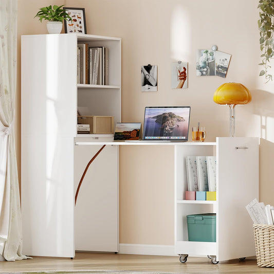 Zevemomo Folding Desk with Storage, Convertible Table with Shelves & Wheels, Craft Cabinet with Fold Out Table, Compact Computer Desk for Small Space, Reversible L Shaped Desk - White
