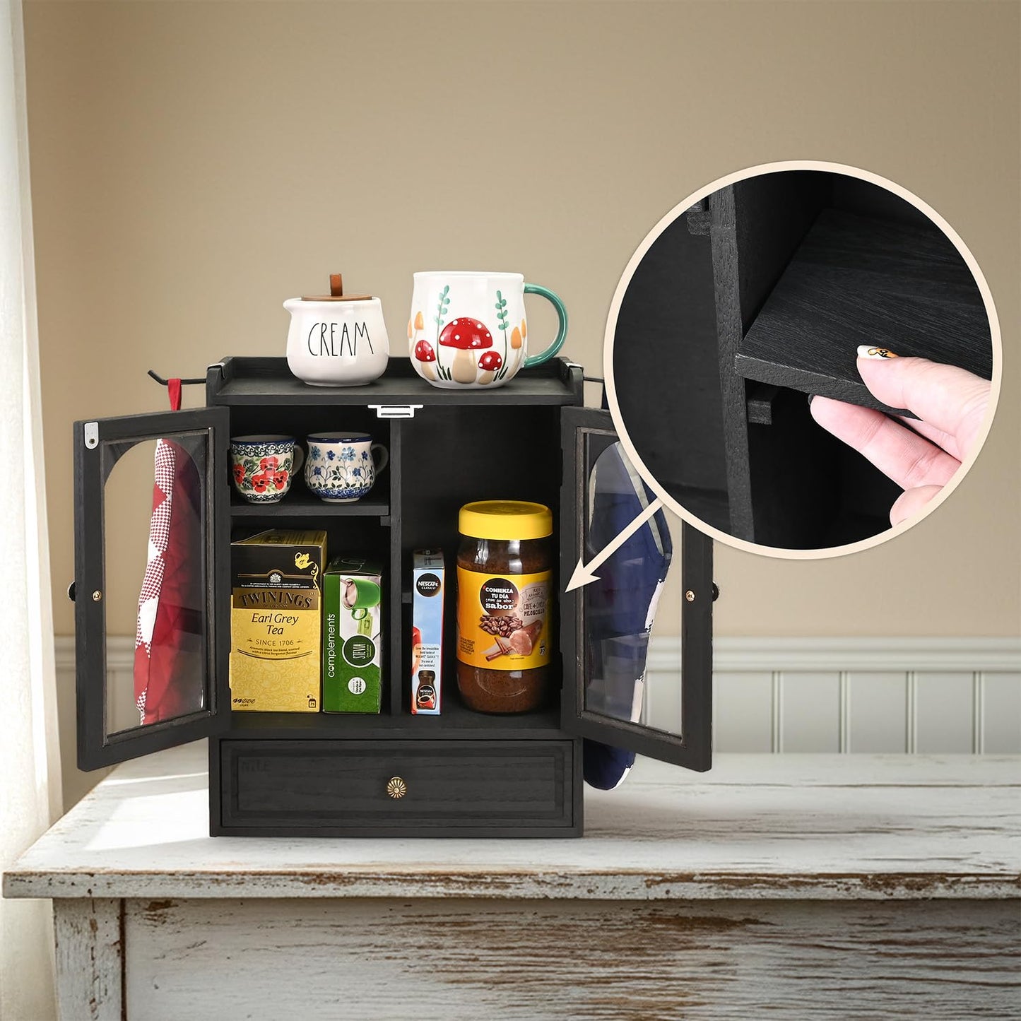 Ikee Design Wooden Countertop Storage Cabinet with Magnetic Door, Adjustable Shelves, Removable Hooks and Drawer for Perfume, Makeup, Pantry, Black Color, 12.2 W x 6 D x 15.7 H in