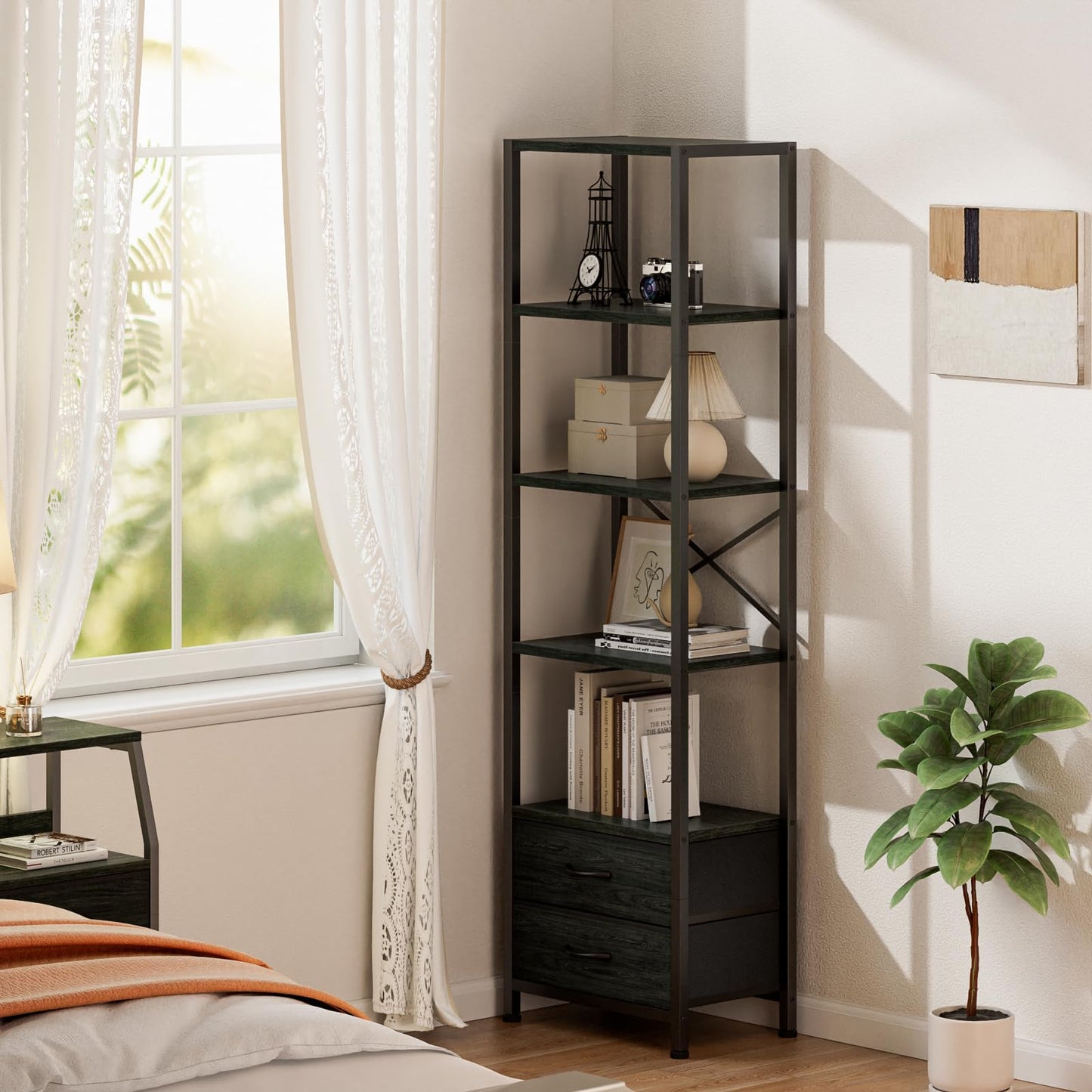 Furnulem 5-Tier Corner Shelf, Narrow Bookshelf with 2 Storage Drawers, 65.16" Tall Bookcase, Standing Shelf Organizer Unit for Living Room, Bedroom, Metal Frame, Wood Display Shelf(Black Oak)
