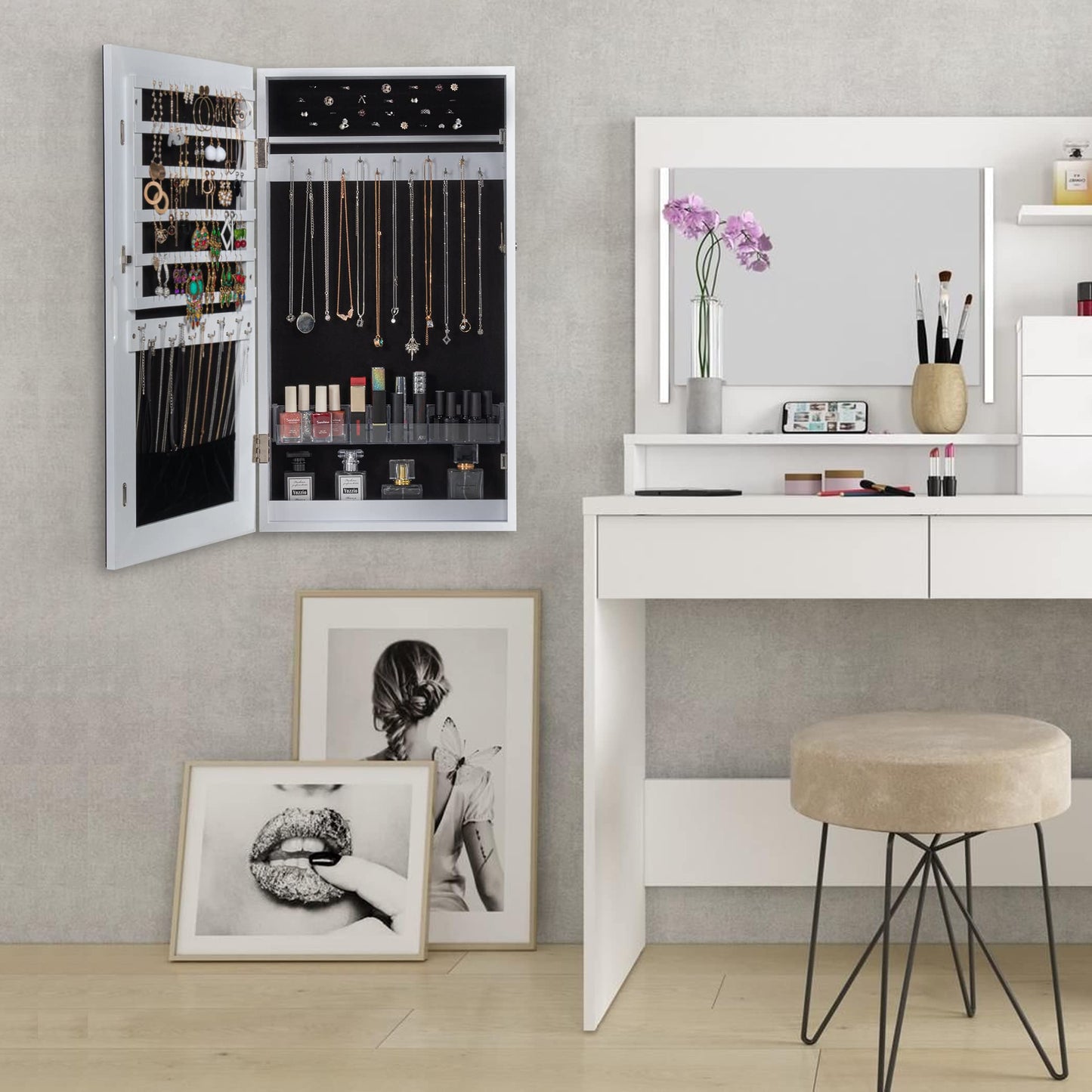 LAVIEVERT Lockable Jewelry Cabinet Armoire with Frameless Mirror, Wall/Door Mounted Space Saving Jewelry Display Organizer with Lipstick Compartments - White