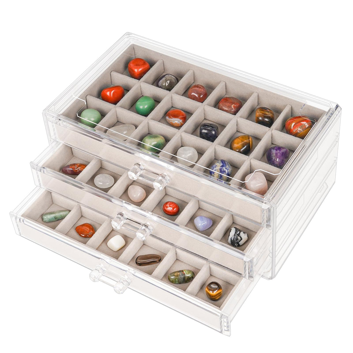 Bfttlity Acrylic Rock Display Case,54 Grids Rock Collection Box for Kids with Mini Magnifying Glass and Gloves, Clear Display Cases for Stones Collectibles Gemstone Crystals Storage Boxes