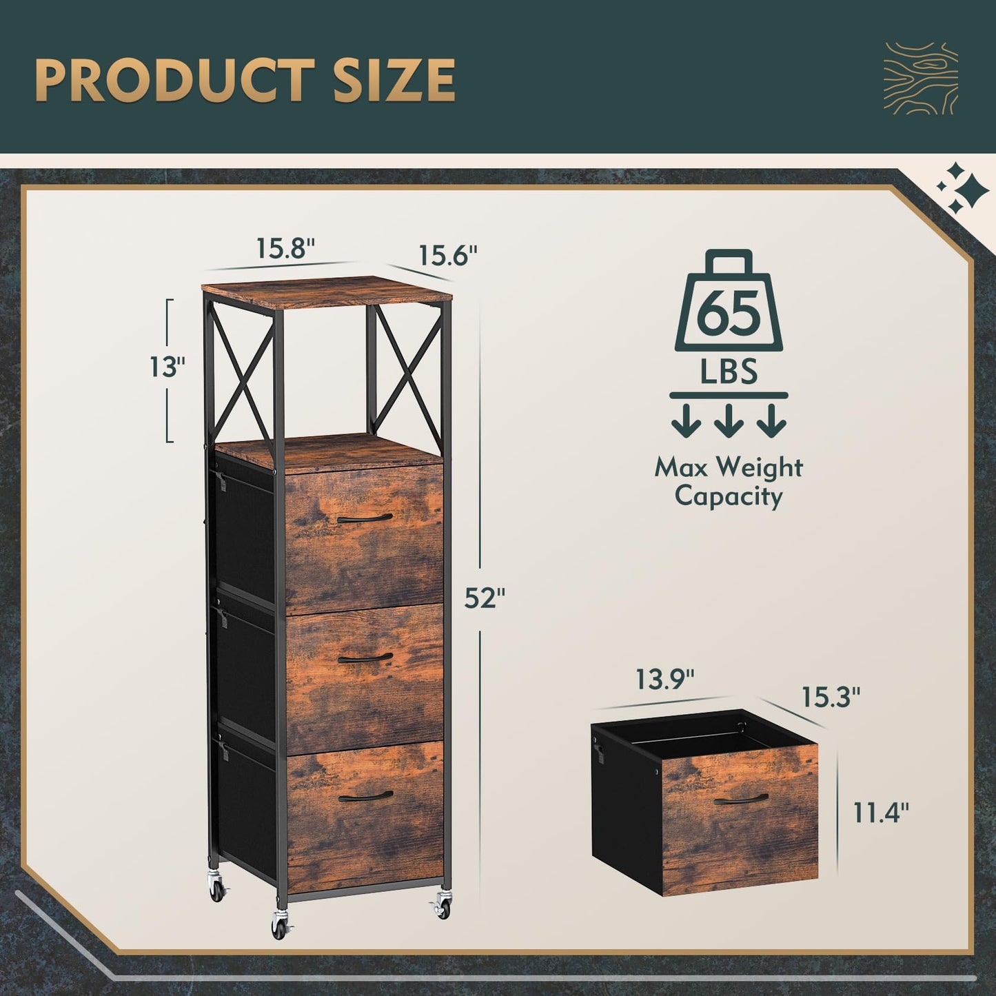 Vestibk 3 Drawers File Cabinet, Vertical Filing Cabinets for Home Office, Non-woven Fabric Drawer with Adjustable Hanging File Folders, A4/Letter Size, Open Shelf, Mobile Printer Stand, Rustic Brown