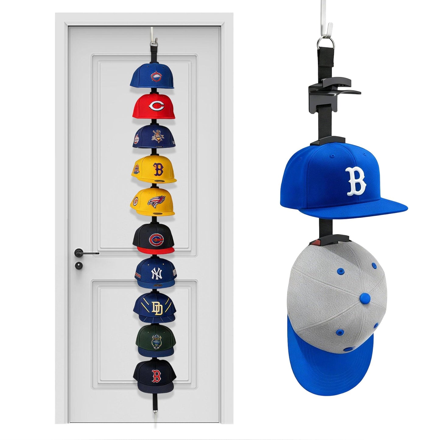 Aitsuremoom Hat Rack for Door, Over the Door Hat Organizer for Baseball Caps, Adjustable Cap Storage with 10 Two-Way Hanging Display Hooks, No-Drill Space-Saving for Bedroom Closet Entryway, 1 Pack