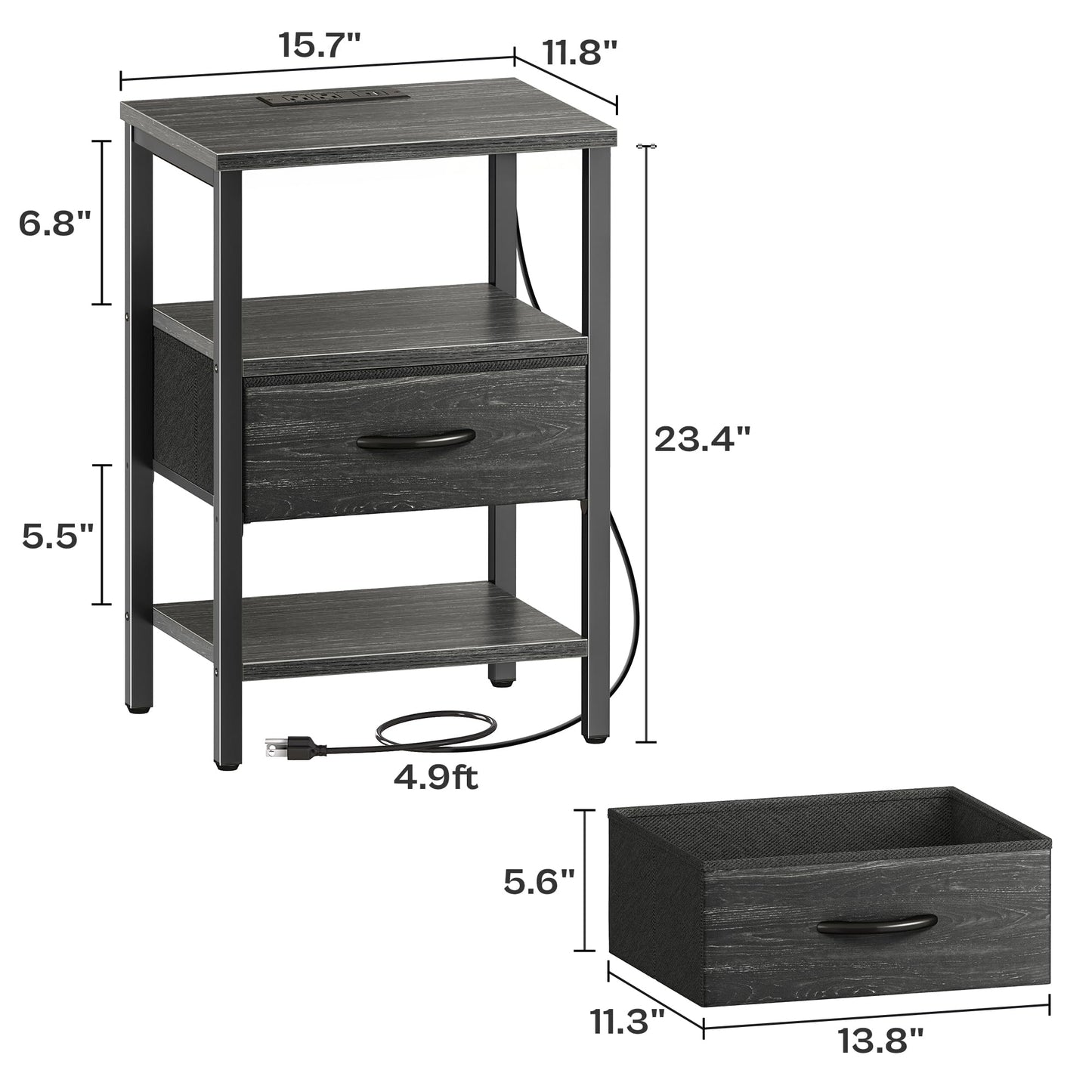 SUPERJARE Nightstand with Charging Station, Bed Side Table with Adjustable Fabric Drawer, Night Stand for Bedroom, 3-Tier Storage End Table, for Living Room, Charcoal Black Wood Grain Print