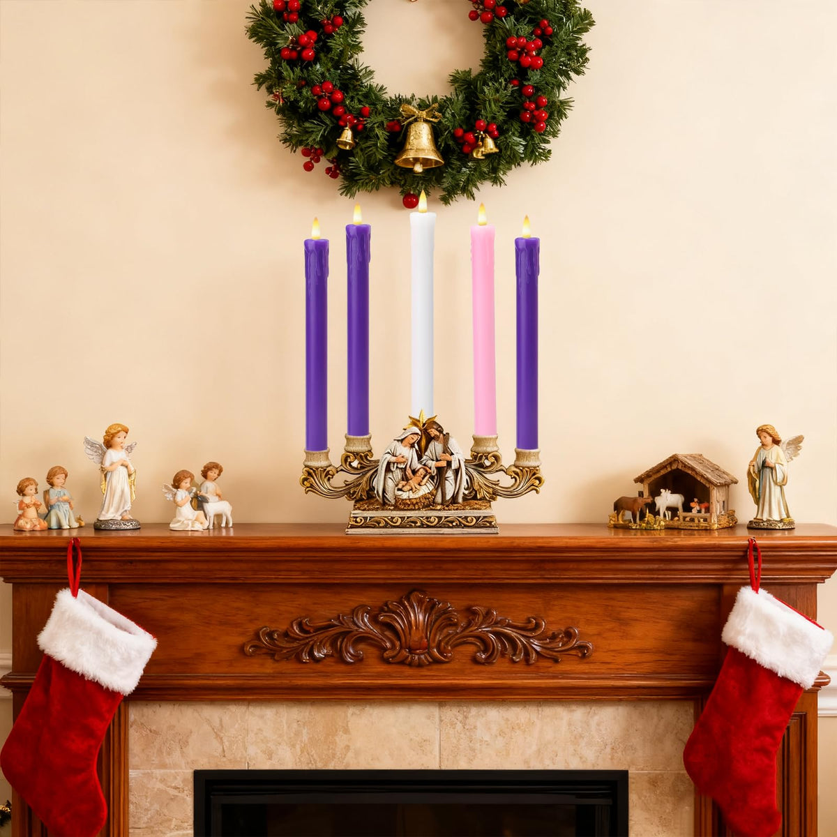 Lezonic Flameless Advent Candles Battery Operated with Remote, Set of 5 Wax Christmas Taper Nativity Candles, LED Advent Wreath Candles for Church Home Christian Decor, 3 Purple & 1 Pink & 1 White