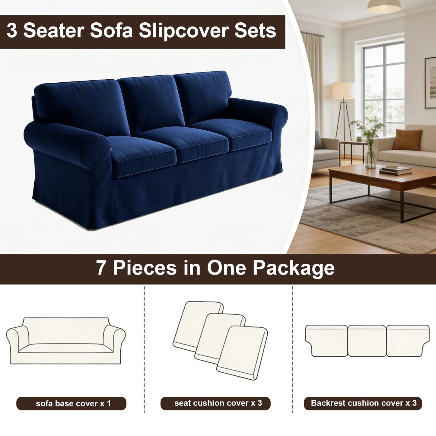 Velvet Pet-Friendly Replacement Sofa Cover Compatible for IKEA Ektorp 3 Seat Sofa Slipcovers, Couch Cover Only, 7-Piece Slipcover, Navy Blue, Couch Cover Not Include The Sofa Body