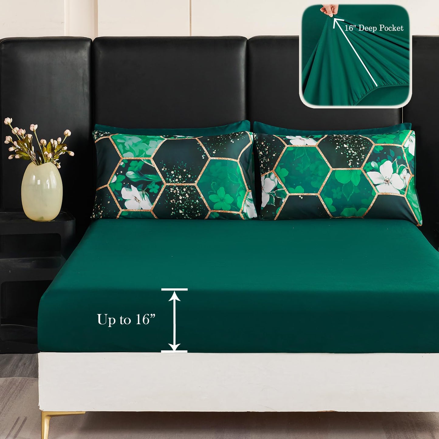 ZRNBAST Emerald Green Comforter Set King, 7Pcs White Floral Hexagon Bed in A Bag, Soft Geometric Bedding Sets with Sheets Pillowcases for Women Men(Green Floral,King)