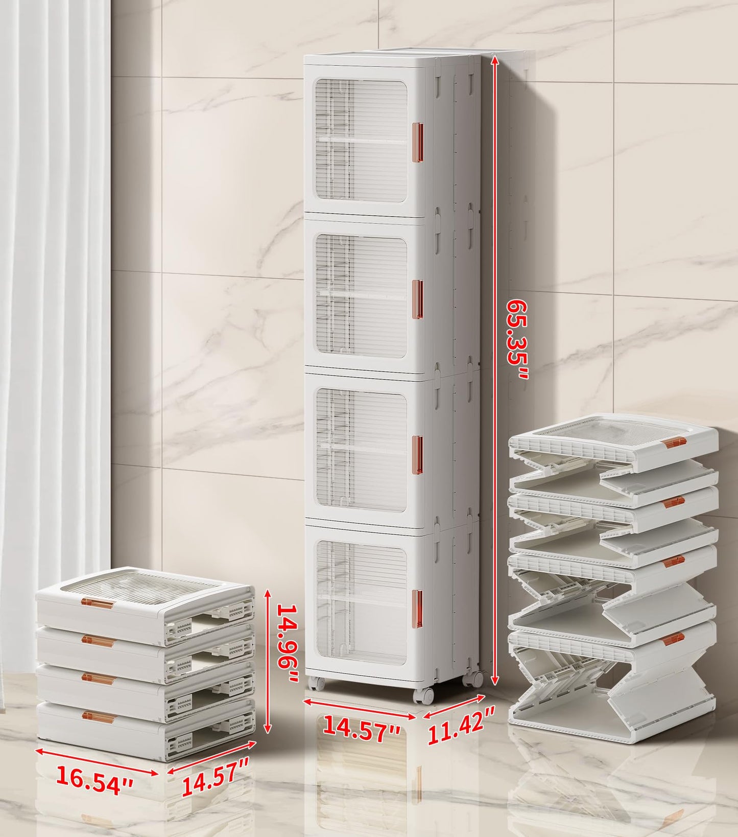 BUMODEL 4-Tier Tall Narrow Bathroom Storage Cabinet with Doors and Adjustable Shelves Slim Foldable Cabinets with Wheels Small Spaces Plastic Organizers for Kitchen Laundry Room Bedroom Pantry,White