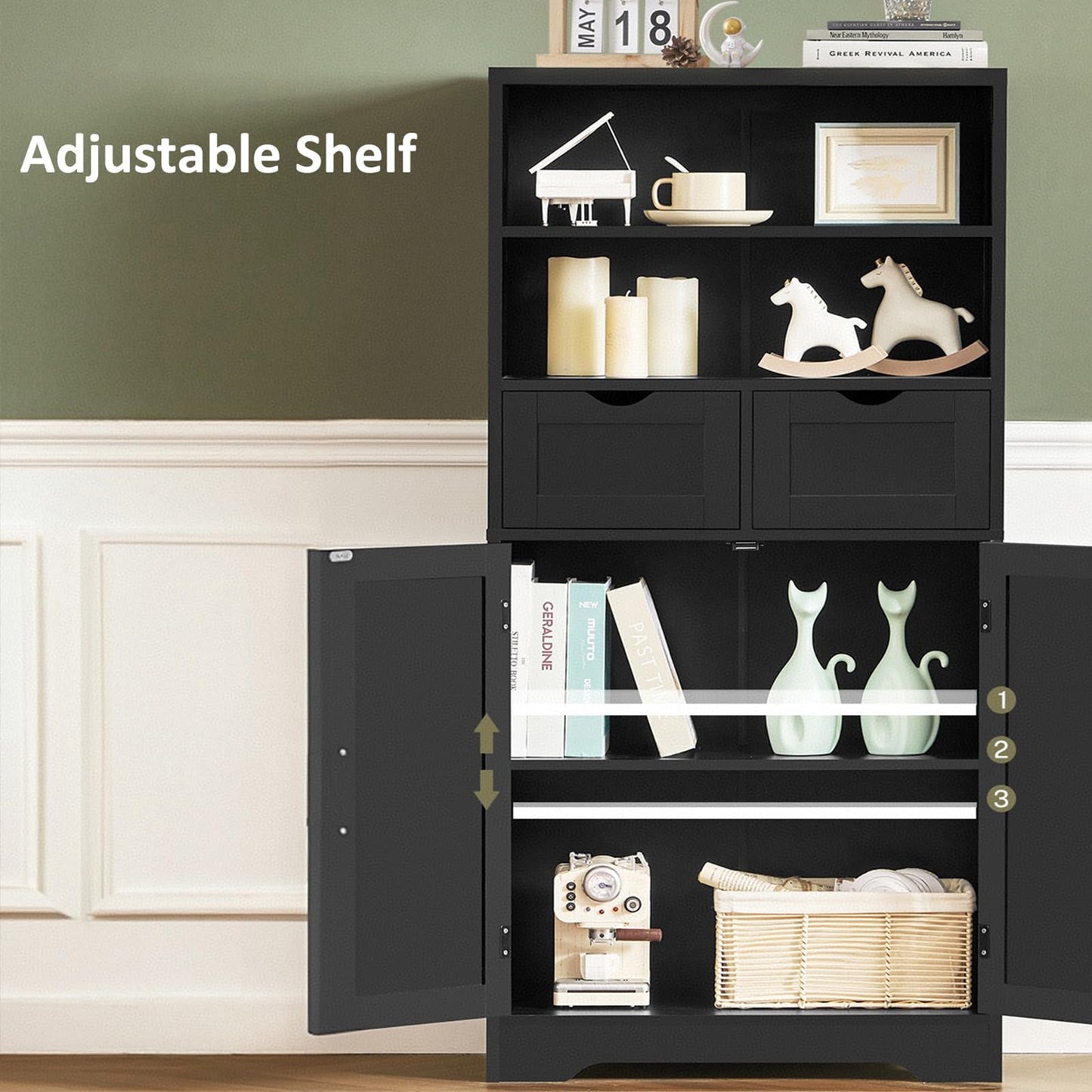TEENFON Storage Cabinet with Doors & 2 Drawers, Kitchen Cabinet with Adjustable Shelf, Pantry Cabinets, Bathroom Cabinets, for Living Room, Entryway, Home Office, Black