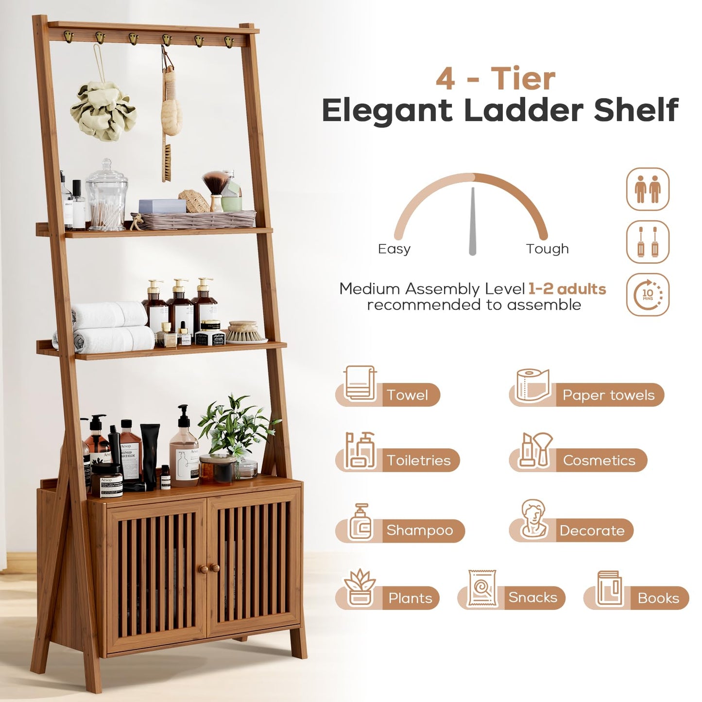 Bookcase with Drawers, 4-Tier Bamboo Bookshelf Ladder Shelf with 6 Hooks, Tall Narrow Retro Book Shelf, 24.8"L x 10.6"W x 59.5"H, Standing Storage Organizer for Living Room, Office, Bedroom, Walnut