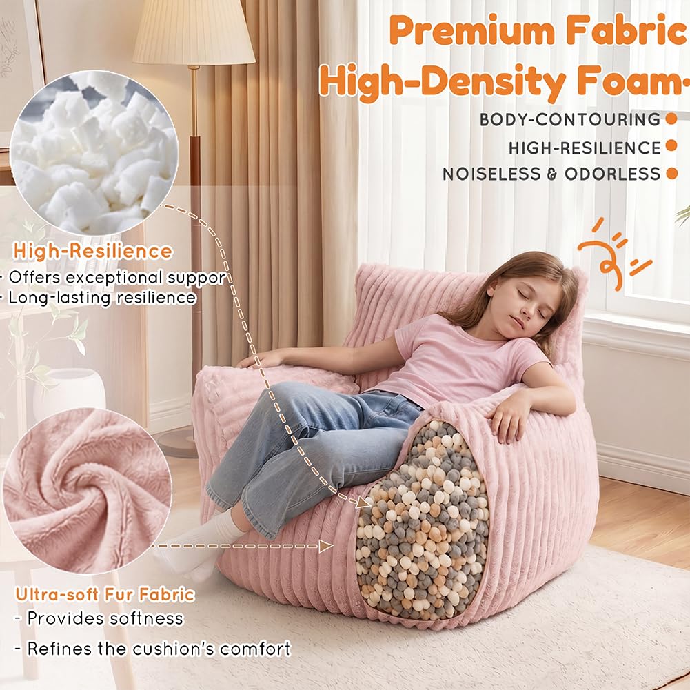 MaxiBean Bean Bag Chair - Plush Faux Fur Floor Seating Furniture Bean Bag Chair for Living Room, Bedroom, Playroom (2.5FT Stripe Pink)