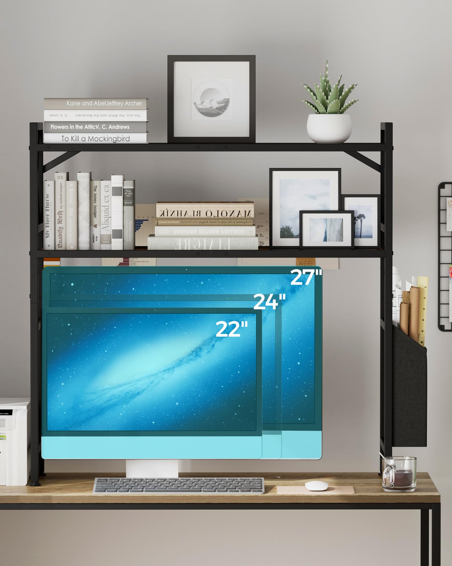 LAND·VOI Desk Shelf, 2 Tires Desktop Bookshelf, 31.9 Inchs Desk Hutch for Computer Monitor, Wood Desktop Display Rack, Adjustable Height Desk Organizer Shelf, for Home, Office, Dorm, Black EDS11BR01