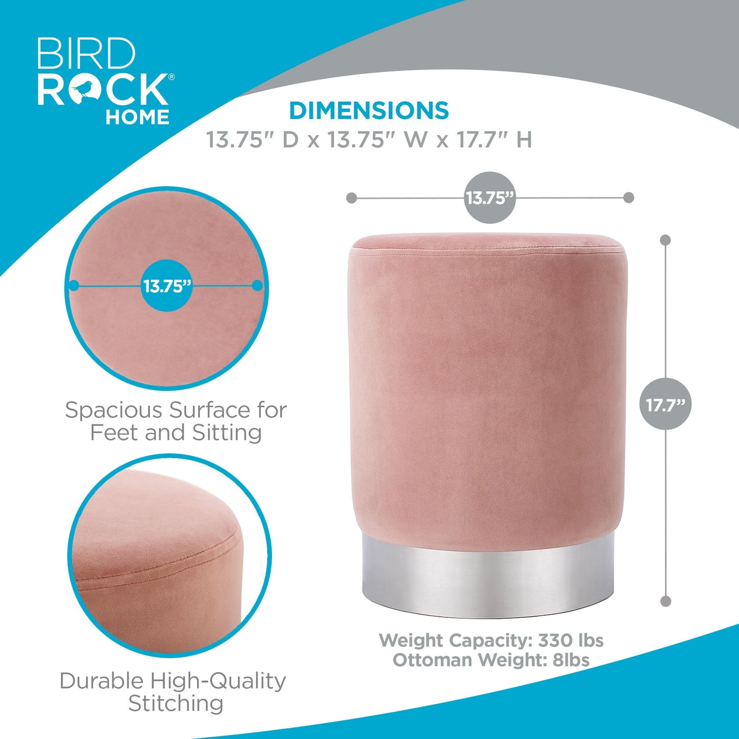 BIRDROCK HOME Round Ottoman Foot Stool – Modern Soft Padded Velvet Vanity Chair with Silver Metal Trim – Accent Chair or Foot Rest for Living Room, Bedroom, or Dressing Room (Dusty Rose)