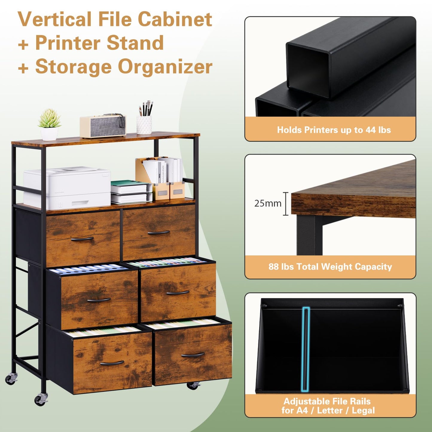 DreamDashio 51" H Tall Mobile File Cabinet, Rolling Printer Stand with 6 Drawers, Adjustable Hanging Rails for A4/Letter/Legal Files, Fabric Vertical Filing Cabinet for Home Office, Rustic Brown