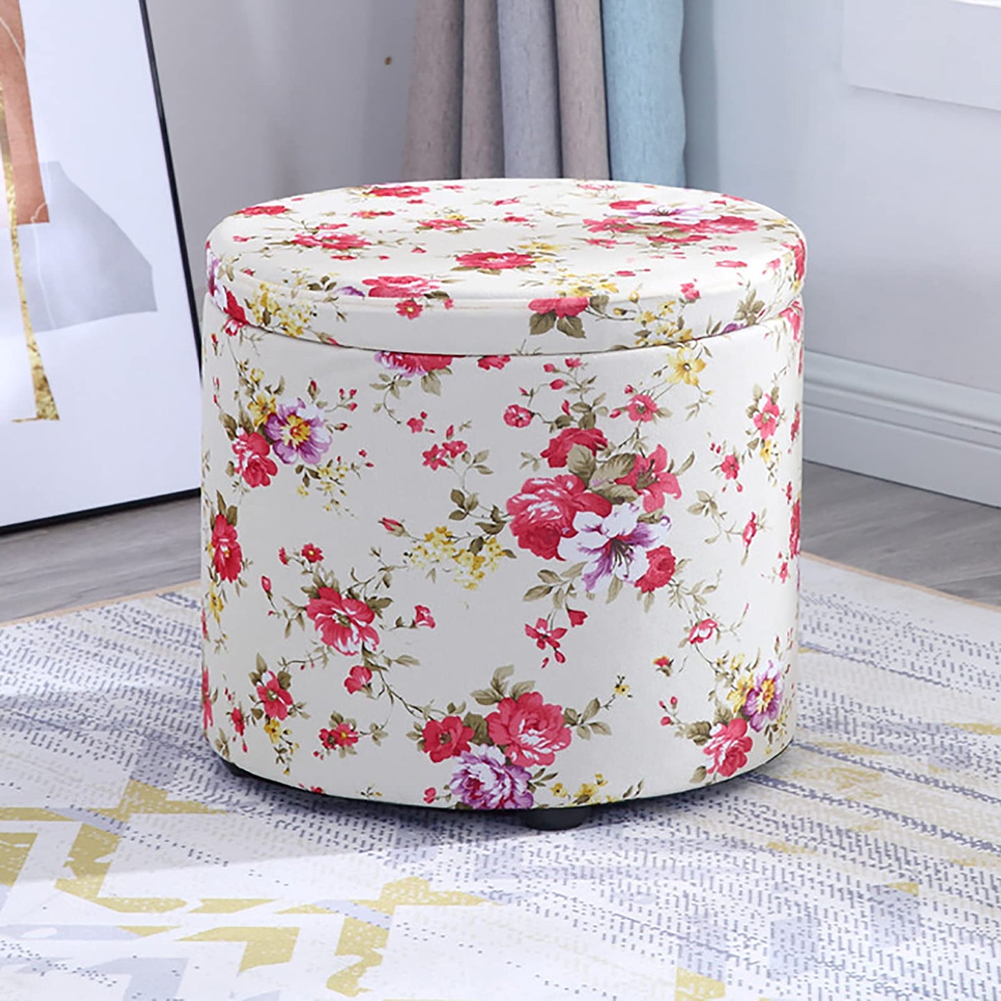 Storage Round Pouffe Stool,Ottoman Footstool,Dressing Table Stool Change Shoe Footrest Removable Lid for Living Room Bedroom,Bloom-S