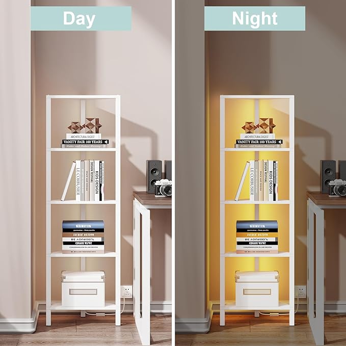 TUTOTAK Corner Shelf with LED Light, 5-Tier Corner Bookshelf