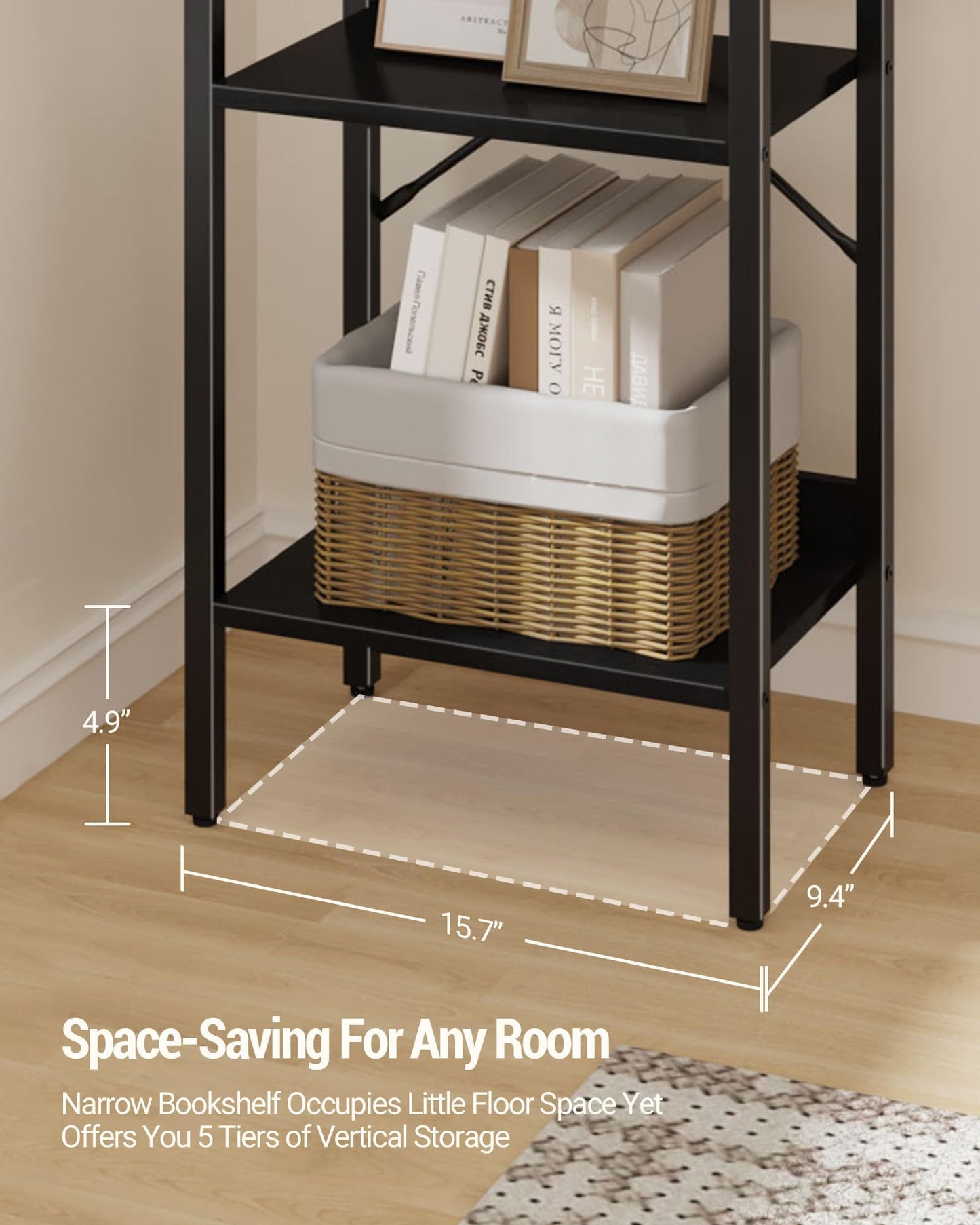 Hzuaneri Bookshelf, Book Shelf, Industrial Bookcase with 2 Hooks, Coner Shelf Storage Organizer for Home Office, Living Room, Bedroom, Kitchen, 5-Tier Black BC10504B