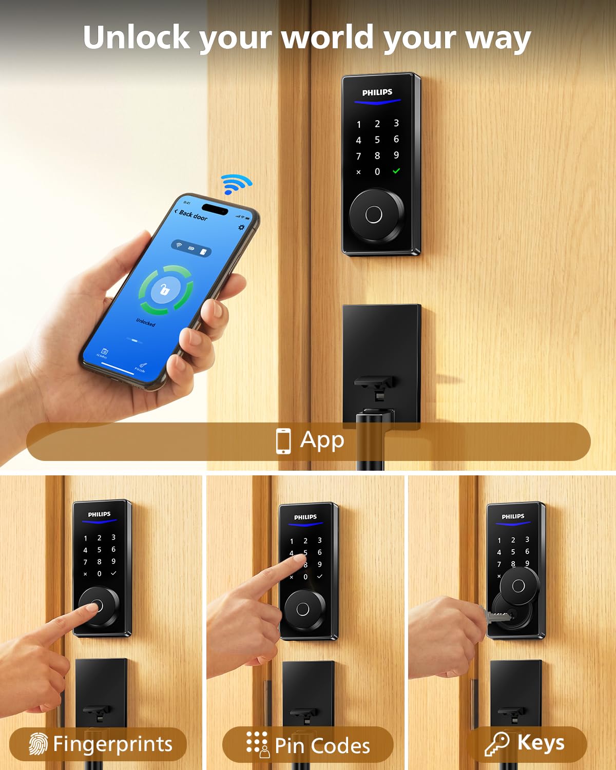 Philips Wi-Fi Smart Lock with Handle, WiFi Keyless Entry Keypad Door Lock with Handle, Front Door Deadbolt Set, Fingerprint Unlock, PIN Code Unlock, Auto Locking, App Remote Control, Bulit in WiFi