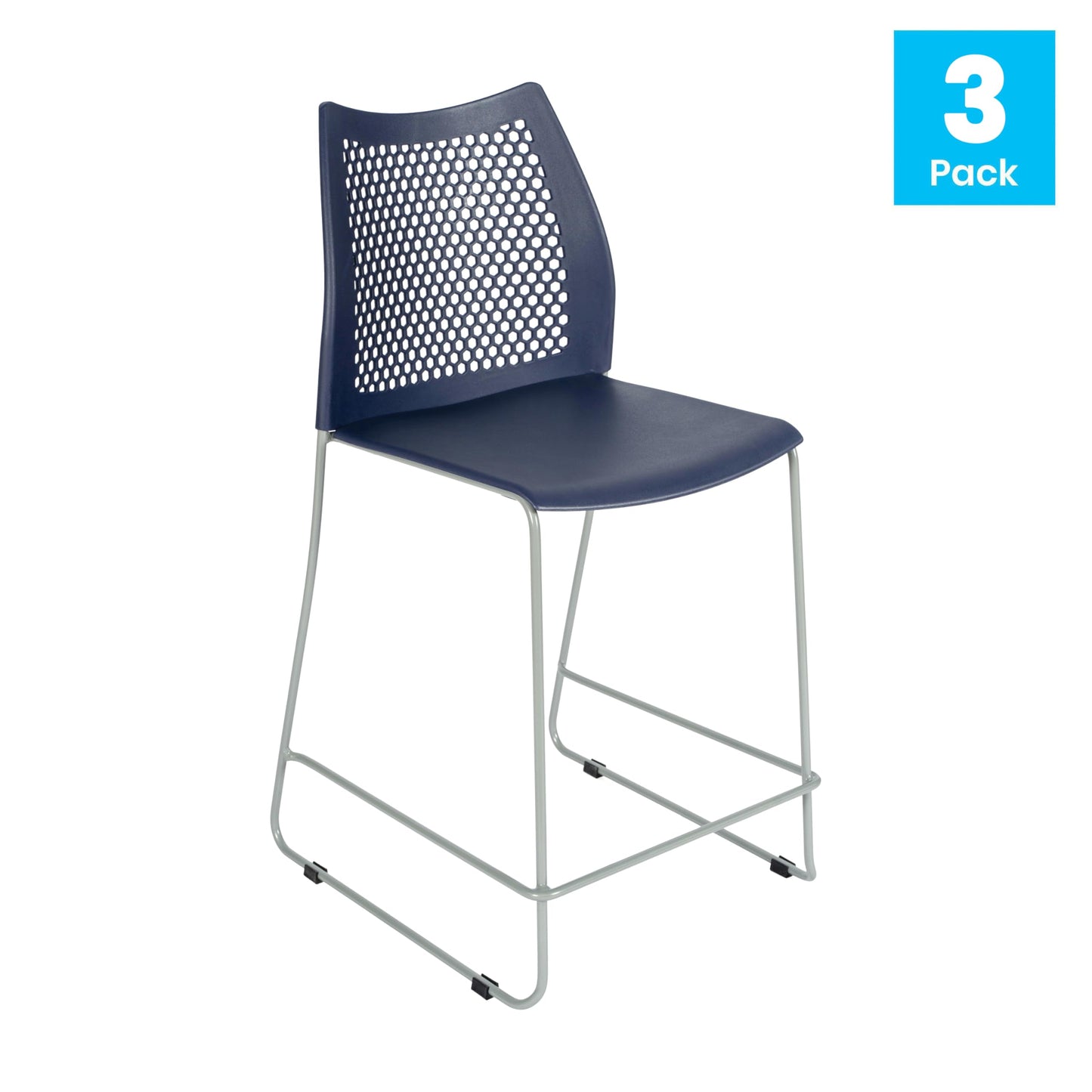Flash Furniture Hercules Stacking Counter Height Stool with Vented Backrest and Gray Powder Coated Steel Sled Base with Integrated Footrest, Commercial Portable Stool, Set of 3, Navy