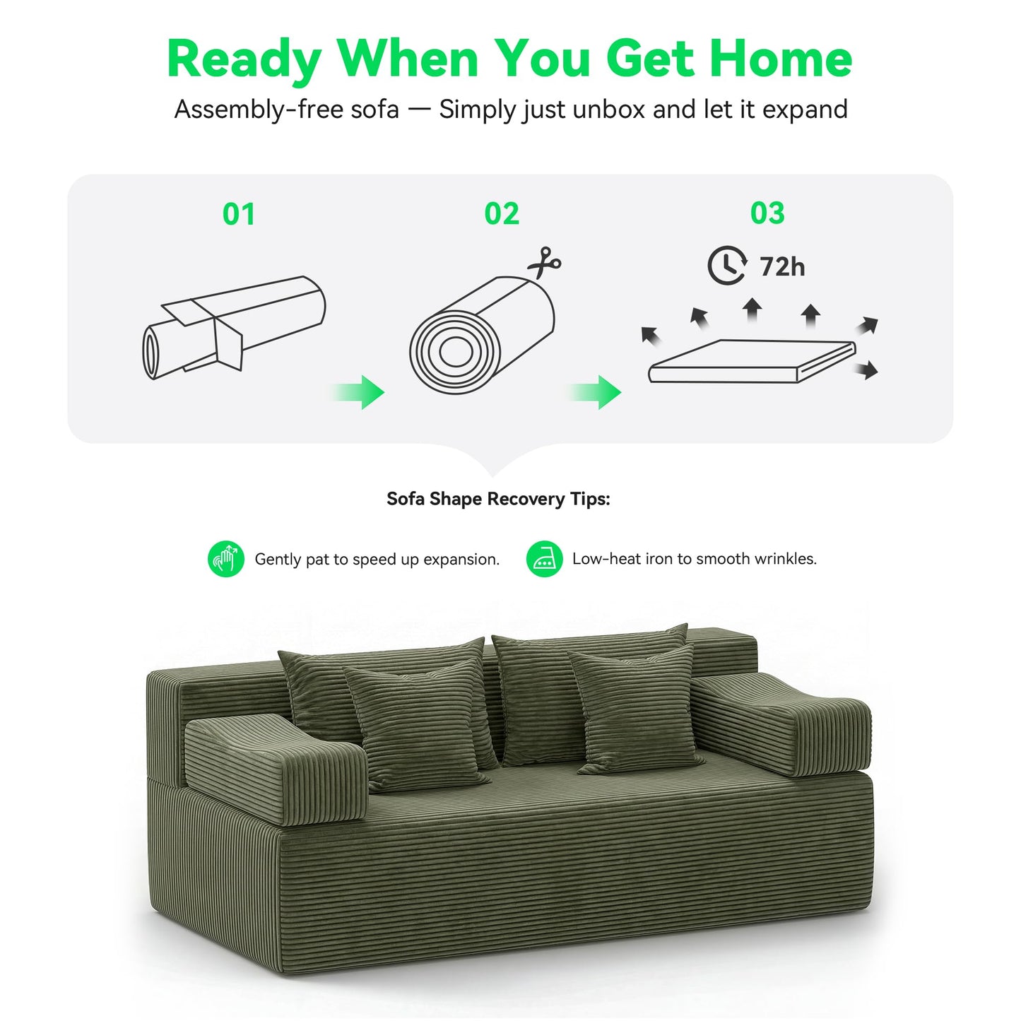 MONVANE 3-Piece Boneless Loveseat Couch Set for Living Room, Oversized Modular Sectional Sofa Set with Removable Armrests, Comfy Corduroy Cloud Couch with 12 Pillows, No Assembly Required, Green