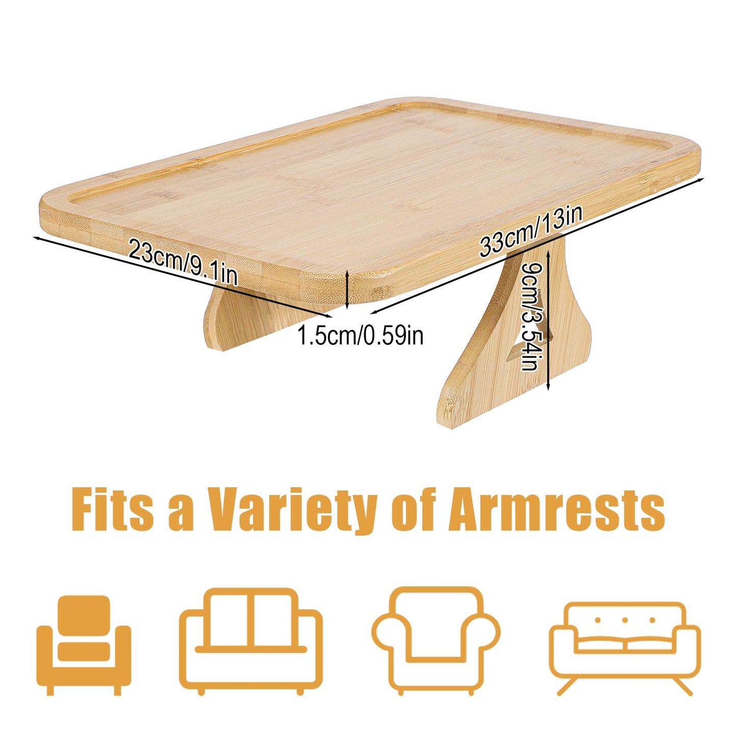 Fumusae Couch Arm Tray, 13" × 9" Bamboo Foldable Sofa Armrest Table Tray Clip-On Desk for Eating TV Snacks Drinks Phone Remote, Natural Wood Wooden Holder Side Table for Armchair Recliner Small Spaces