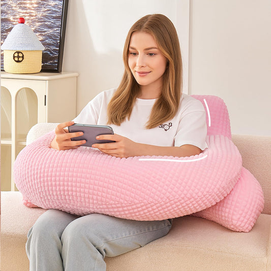 19" Reading Pillow for Bed,U Shaped Arm & Elbow Support,Pink Corduroy