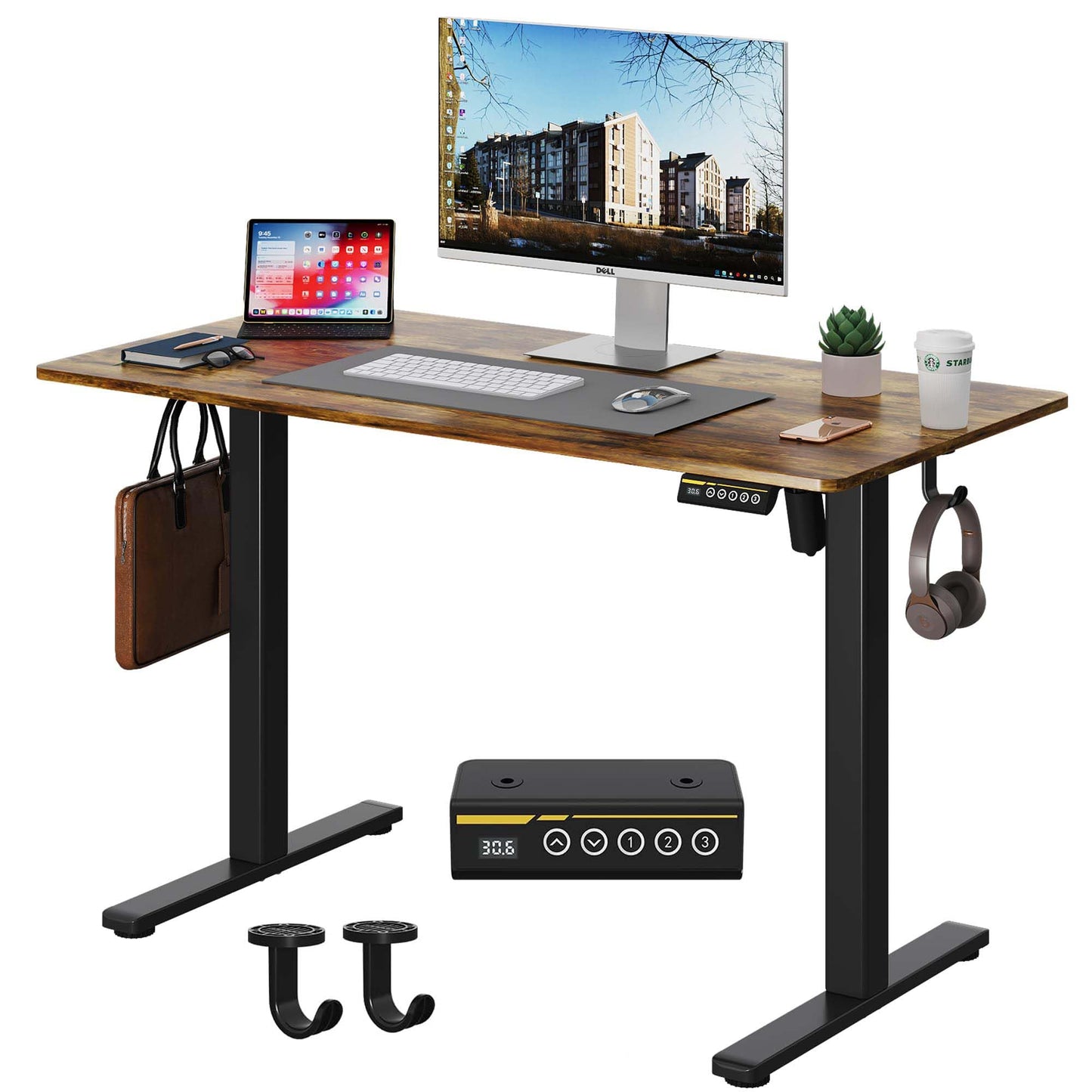 Gamork Electric Standing Desk,40x24 Inches Adjustable Height Stand up Desk, Sit Stand Home Office Desk with Splice Board, 3 Preset Heights,Equipped with Hooks,Ergonomic Computer Workstation，Brown