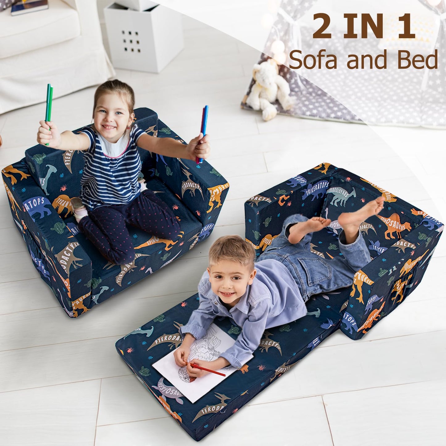 Beavtaens Kids Couch, 2-in-1 Kids Fold Out Couch, Convertible Kid Sofa to Lounger for Girls and Boys, Soft Toddler Chairs Comfy 1-3 Years Old (Dinosaur)