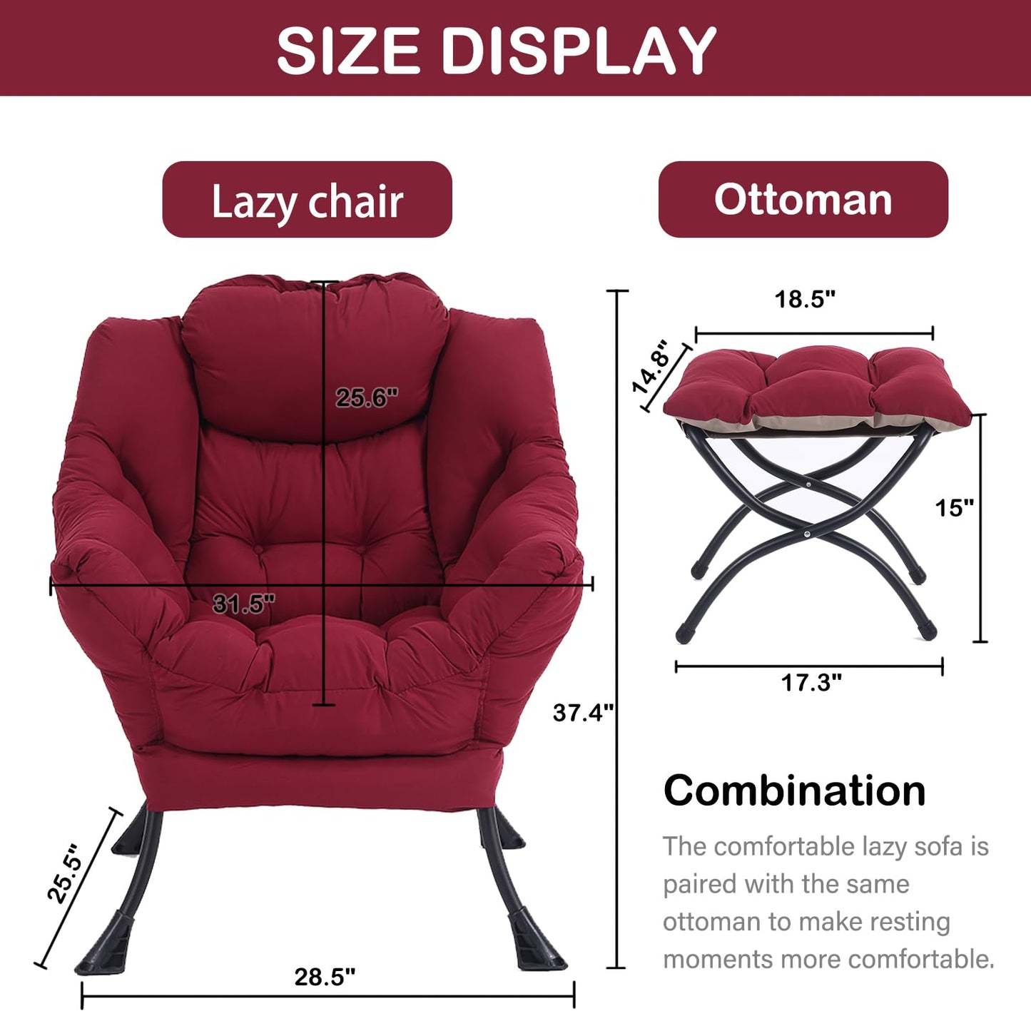 LITA Lazy Chair with Ottoman, Modern Accent Leisure Upholstered Sofa Chairs, Contemporary Lounge Reading Chairs with Armrests and a Side Pocket for Living Room, Bedroom & Small Space, Burgundy
