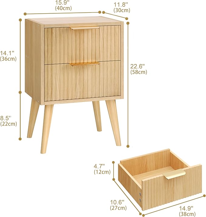 YAUKOMEL Fluted Nightstand, Small Bedside Table, Natural Wood Night Stand