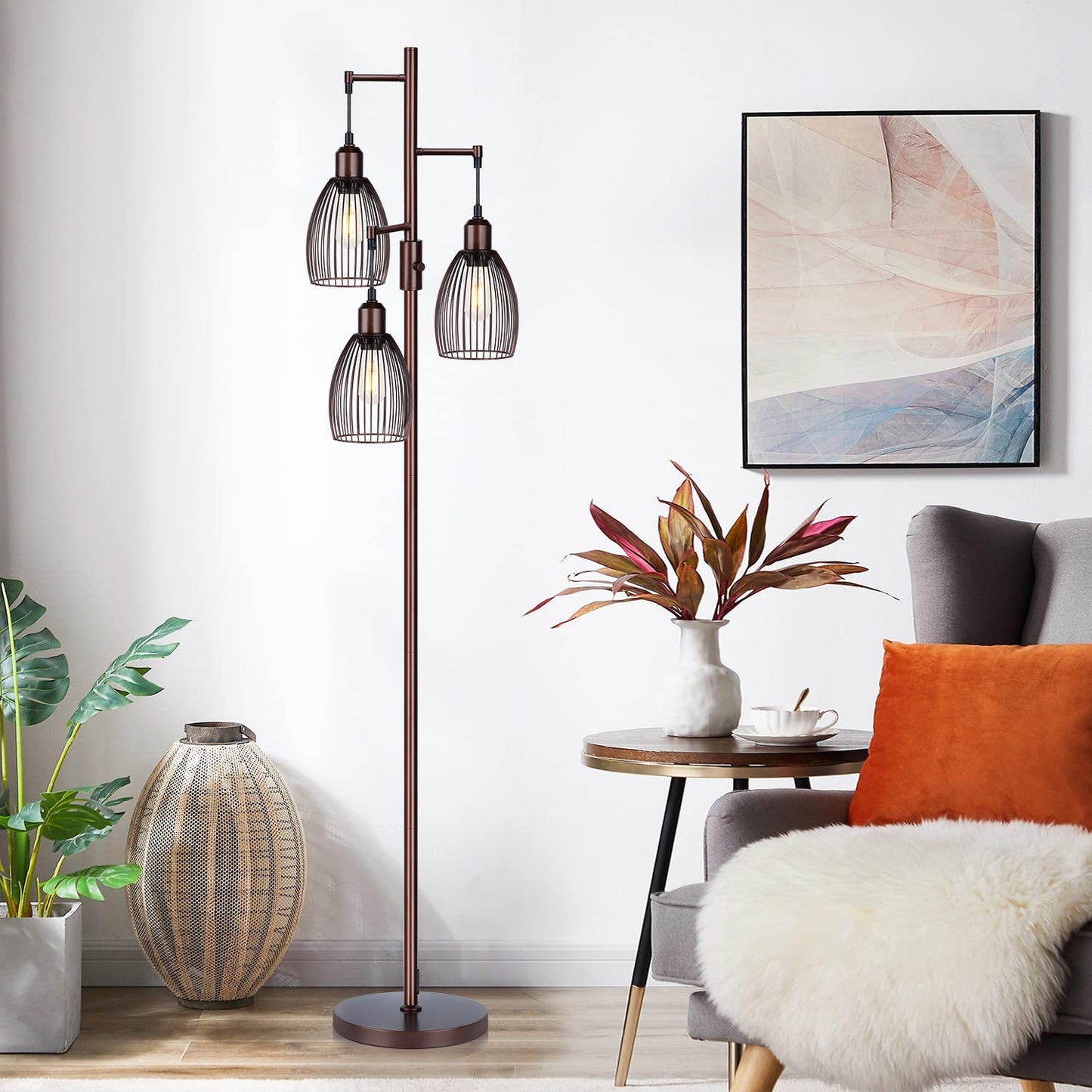 Torondo Dimmable Floor Lamp, Industrial Floor Lamps for Living Room, Brown Tree Lamp Standing Lamp Tall Lamps with 3 Elegant Teardrop Cage Head & 800 Lumens LED Bulbs for Living Room Bedroom Office