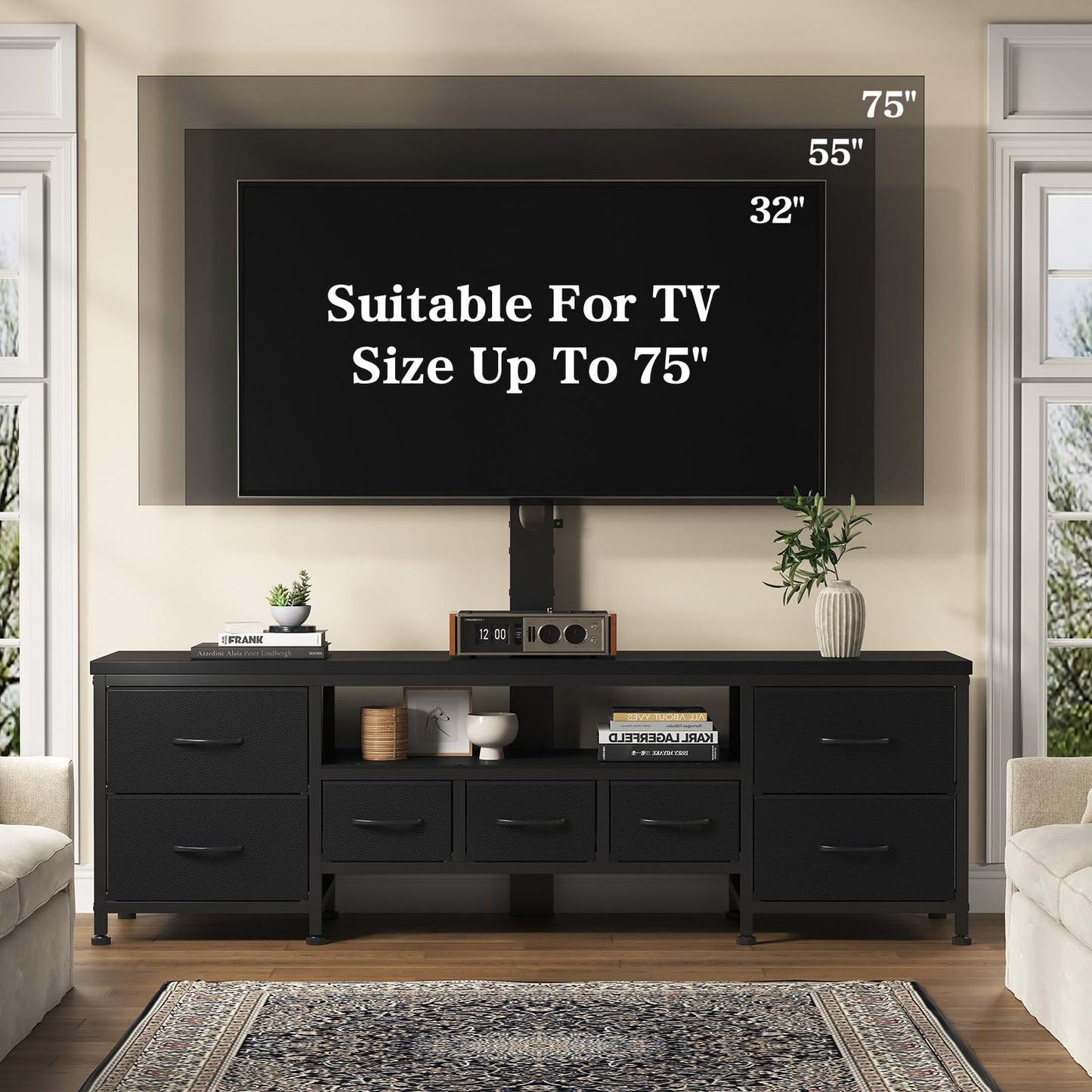 DrawXynth TV Stand with Mount for 45/55/65/75 inch TVs, 51.2" Dresser TV Stand Entertainment Center with 7 Fabric Drawers, Open Storage Shelves, Media Console for Living Room