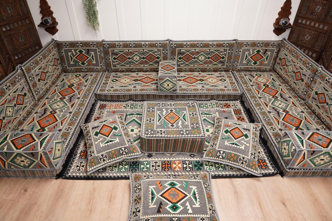 arabicsofa U Shaped Arabic Floor Seating – Handmade Majlis Set– Bohemian Style Sofa