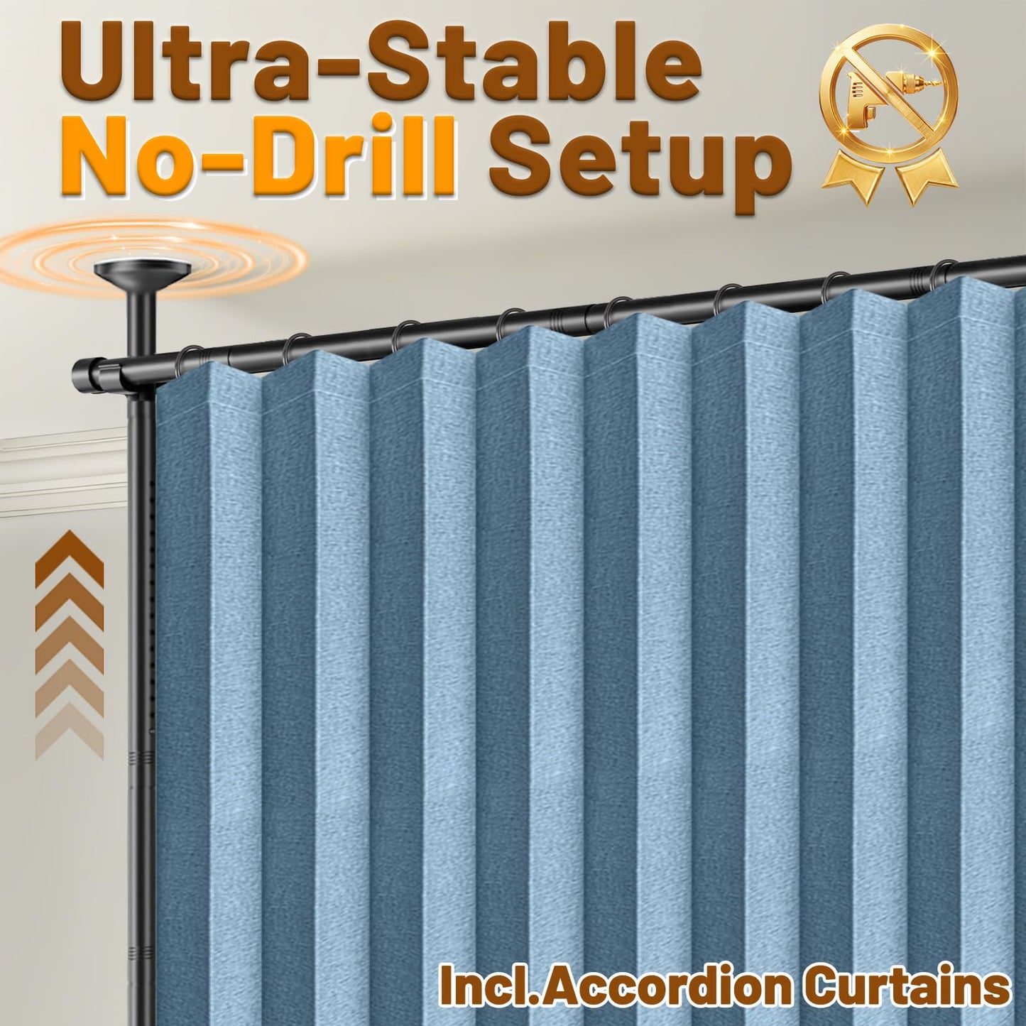 AJAZZ Room Divider Curtain (2 Panels, Blue, W100 x L96 in)+ Tension Curtain Rod No Drilling (H) 43-120×(W) 35-200 in, for Privacy/Soundproof Curtains, Heavy Duty Wall Separator