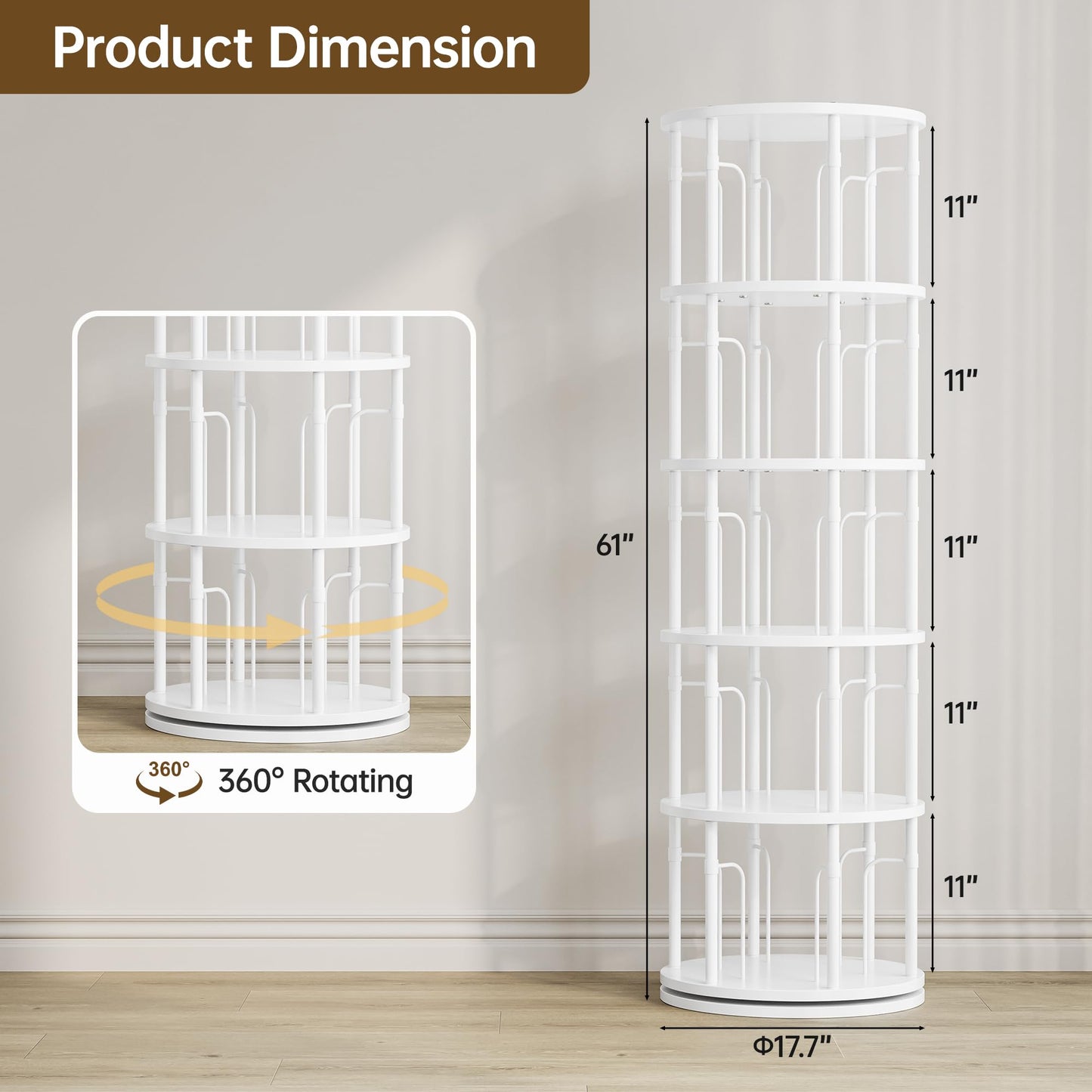 iabifo 5-Tier Tall Rotating Bookshelf, 360°Spinning Swivel Bookcase Tower, Vertical Floor Standing Revolving Round Book Shelf Organizer for Small Spaces, Corner, Living Room, Bedroom, White