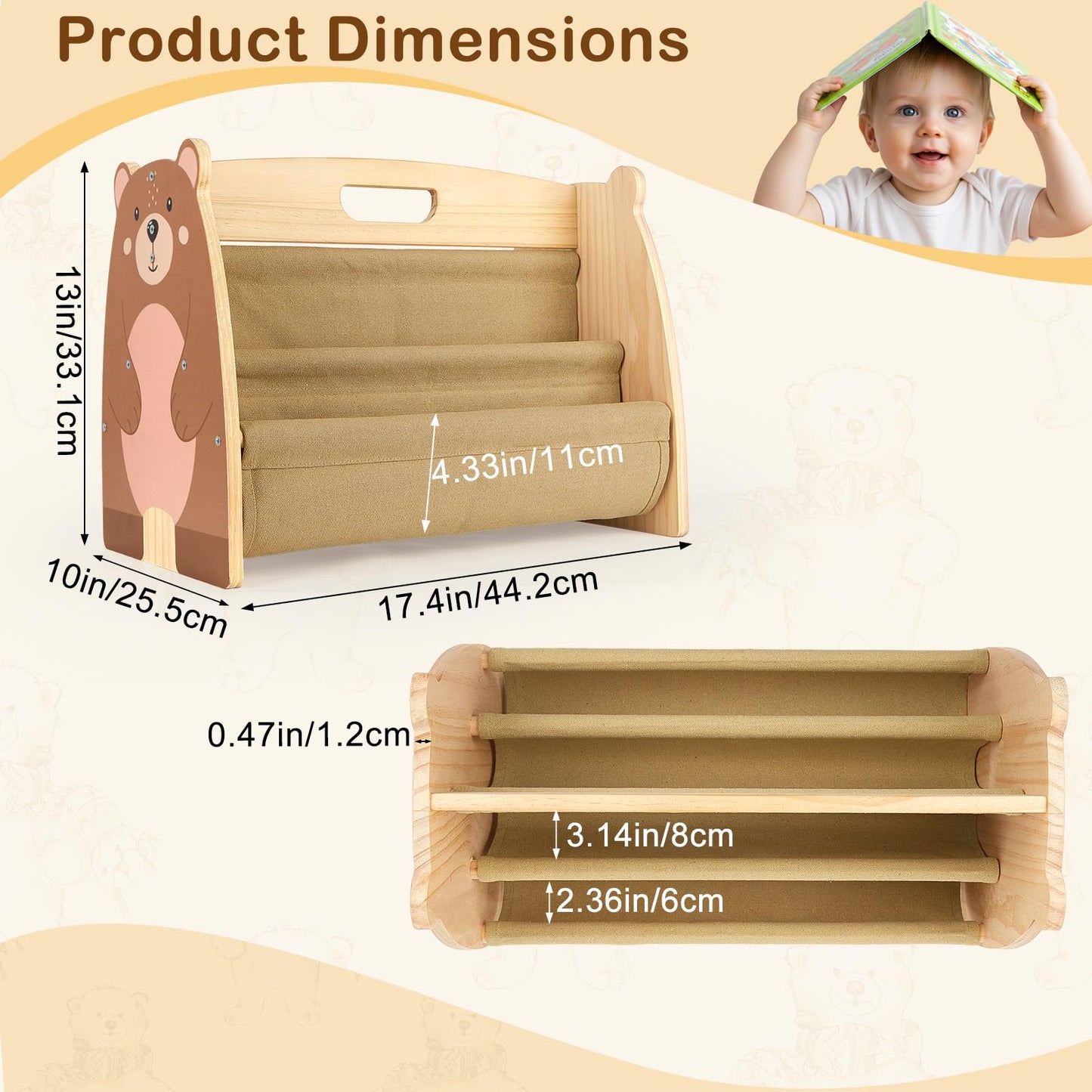 SheSeek Toddler Bookshelf Double-Sided with 4 Tier Deep Sleeves Kids Wooden Montessori Book Rack for Baby Nursery Room, Playroom, Classroom or Bedroom Bookcase Storage Organizer, Brown Bear