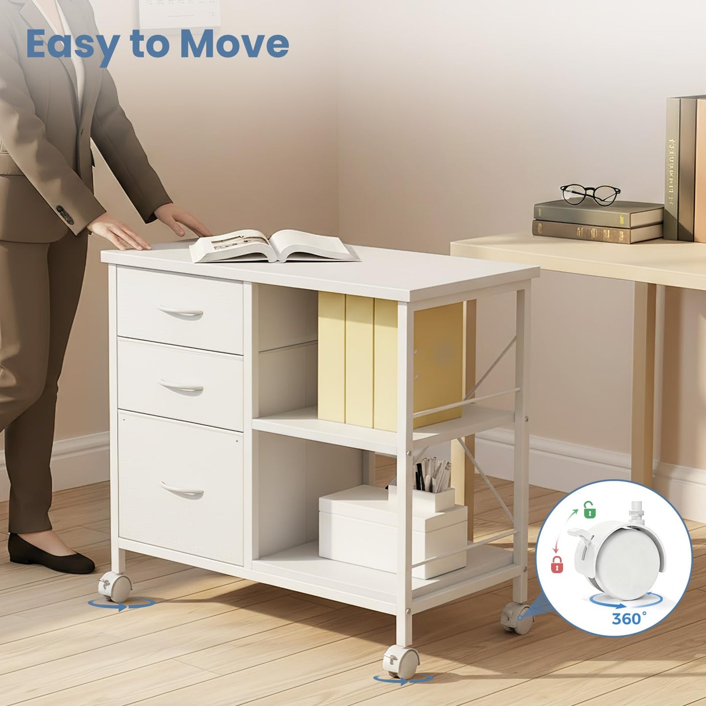 DUMOS 3 Drawer Mobile File Cabinet, Freestanding Fabric Lateral Filing Cabinet Fits A4/Letter Size, Space Saving Rolling Printer Stand with X-Frame and Open Storage Shelf for Home Office, White