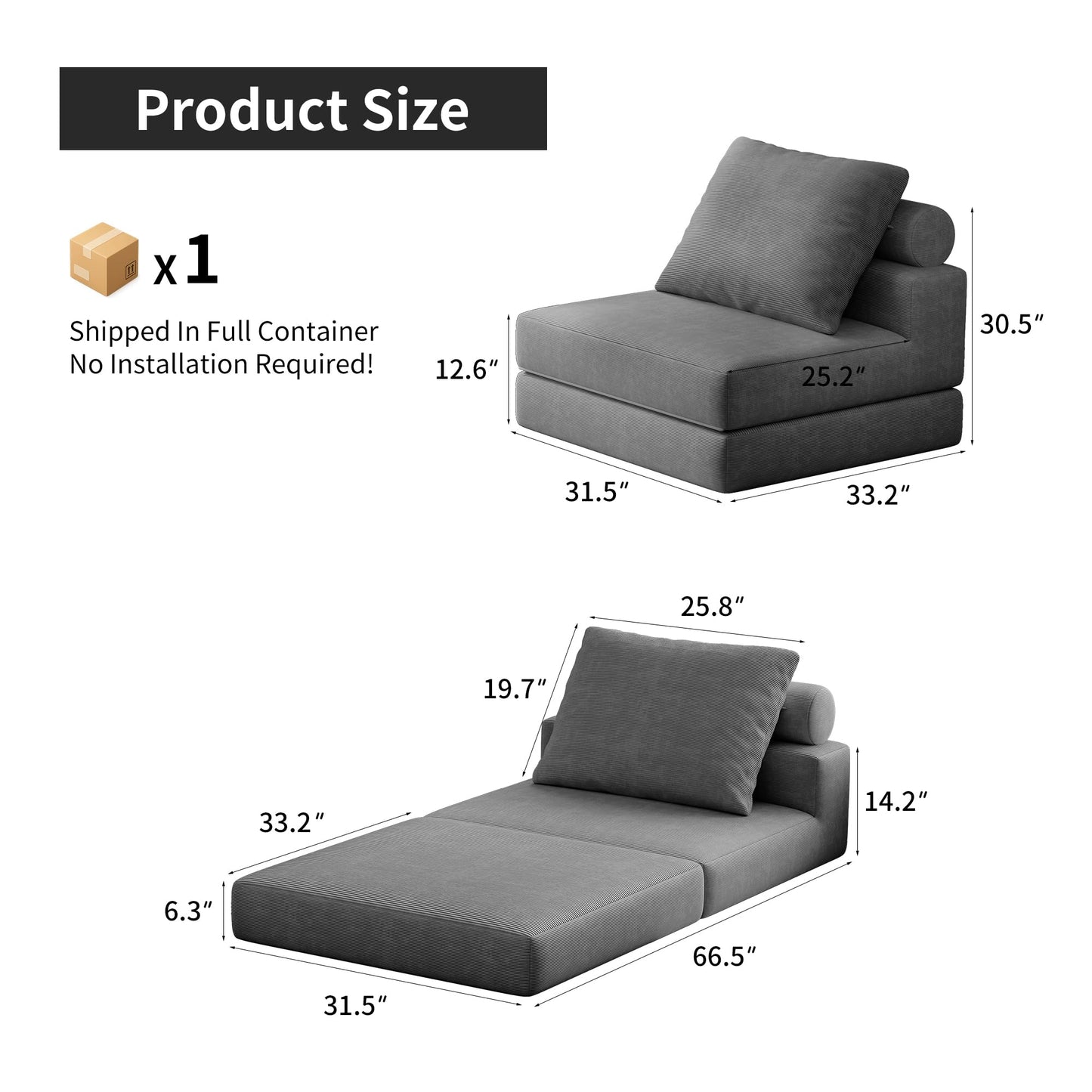 Folding Sofa Bed, Convertible Sleeper Chair with Memory Foam, Pillow & Back Support – Boneless Foldable Futon Couch, Floor Mattress Single Size Lounge for Living Room, Guest Room or Home Office