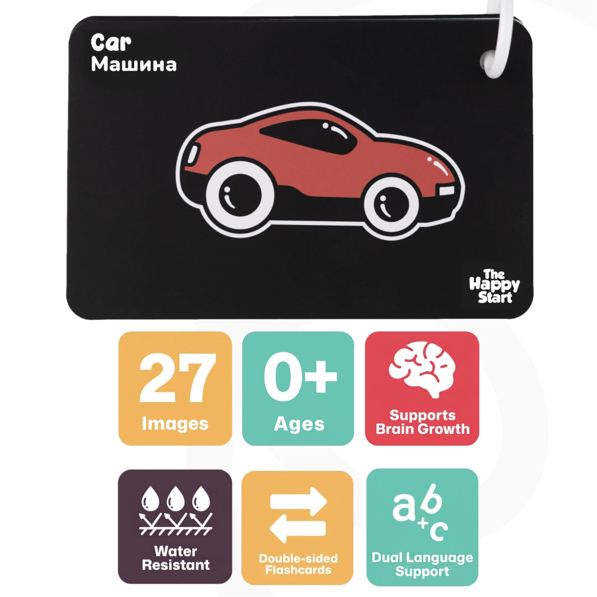 Happy Start High Contrast Baby Cards for Newborns - Black & White Cards, Water-Resistant, BPA-Free, Portable Educational Flashcards for Visual Stimulation, Award-Winning, Ages 0+ (English & Russian)