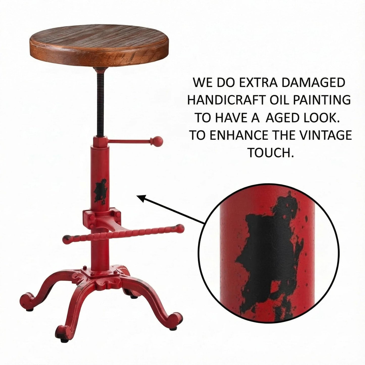 Topower Industrial Retro Vintage Farm Wooden Tractor Stool Kitchen Swivel Height Adjustable Bar Stool (Antique Red)